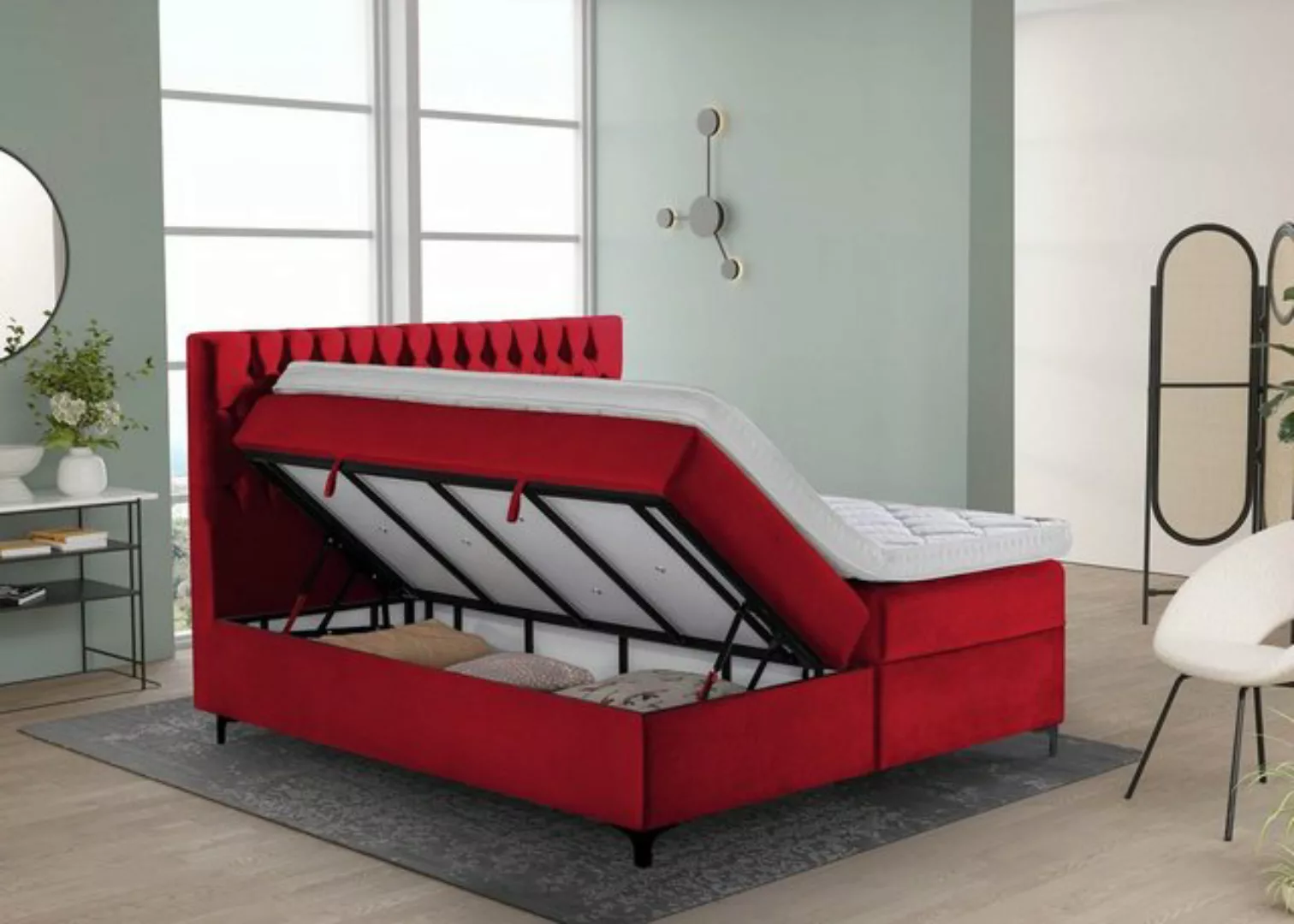 BettCo Stauraumbett Boxspringbett mit Bettkasten Vegas (in Samt Rot, 180 x günstig online kaufen