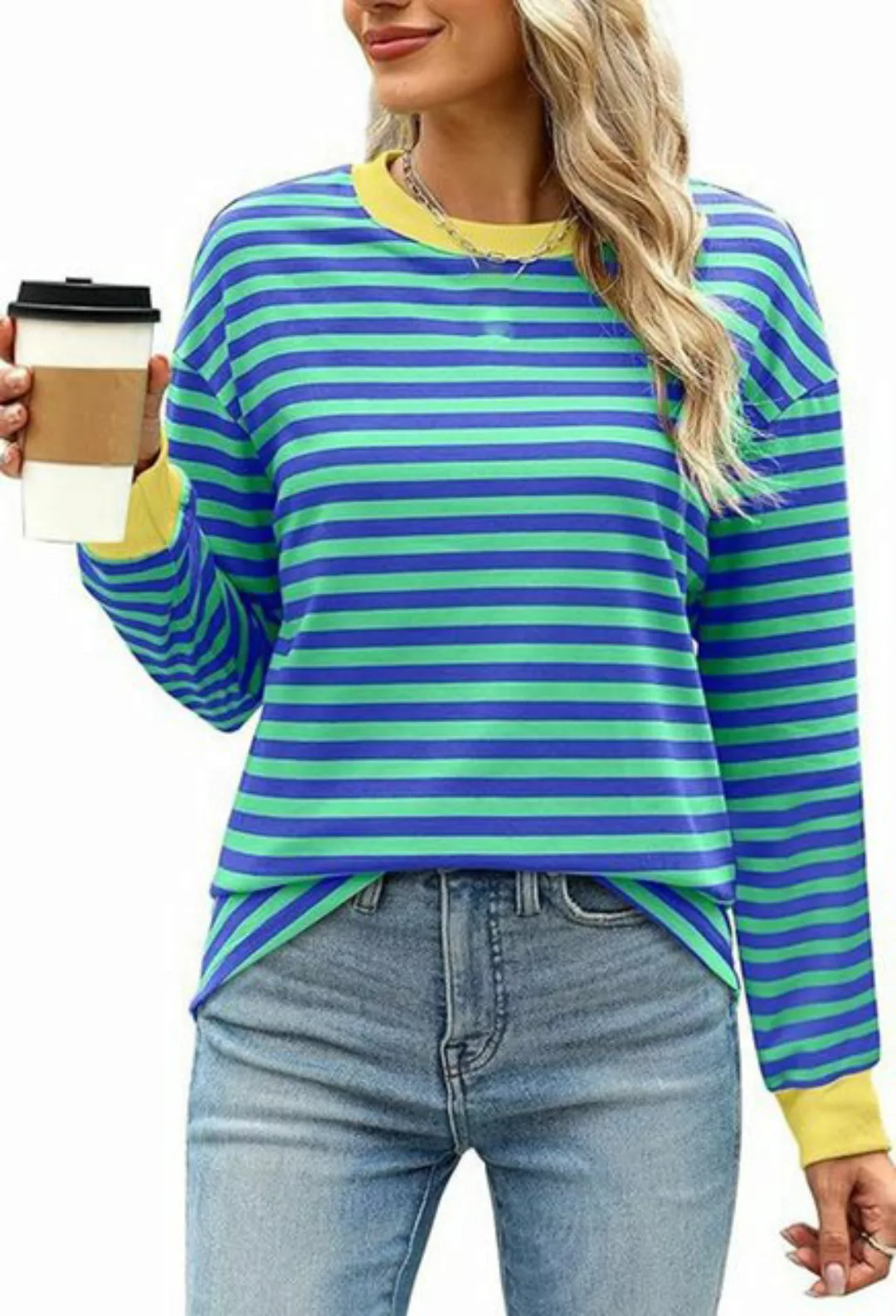 CHENIN Langarmhemd Damen Herbst Winter Mode Clashing Stripe Top Lose Rundha günstig online kaufen