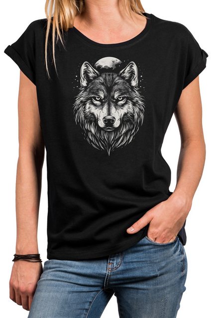 MAKAYA Print-Shirt mit Wolf Motiv für Damen Wolfskopf Viking Wikinger Top ( günstig online kaufen