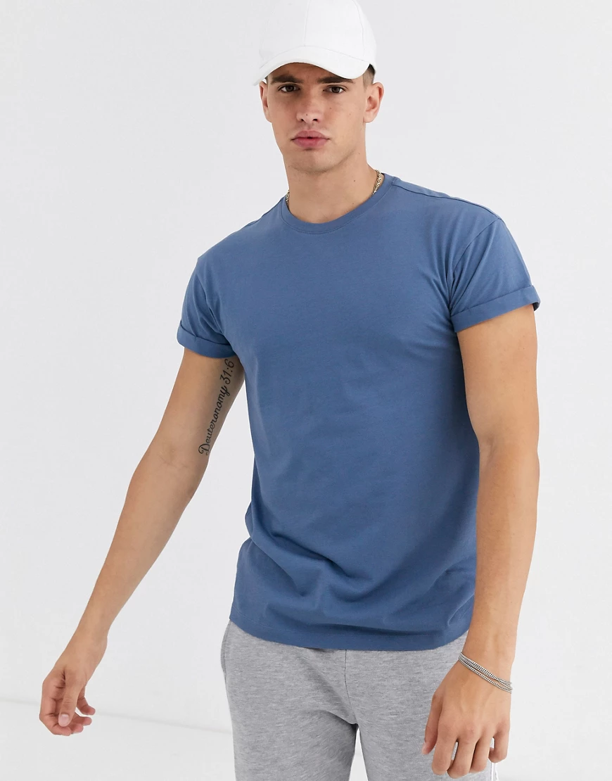 New Look – T-Shirt mit Rollärmeln in Blau gedeckt günstig online kaufen