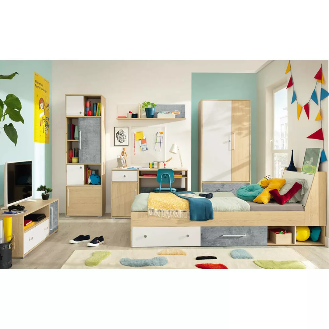 Jugendzimmer Set 6-teilig SPOKANE-133 mit Bett 90cm Eiche mit weiß und Beto günstig online kaufen