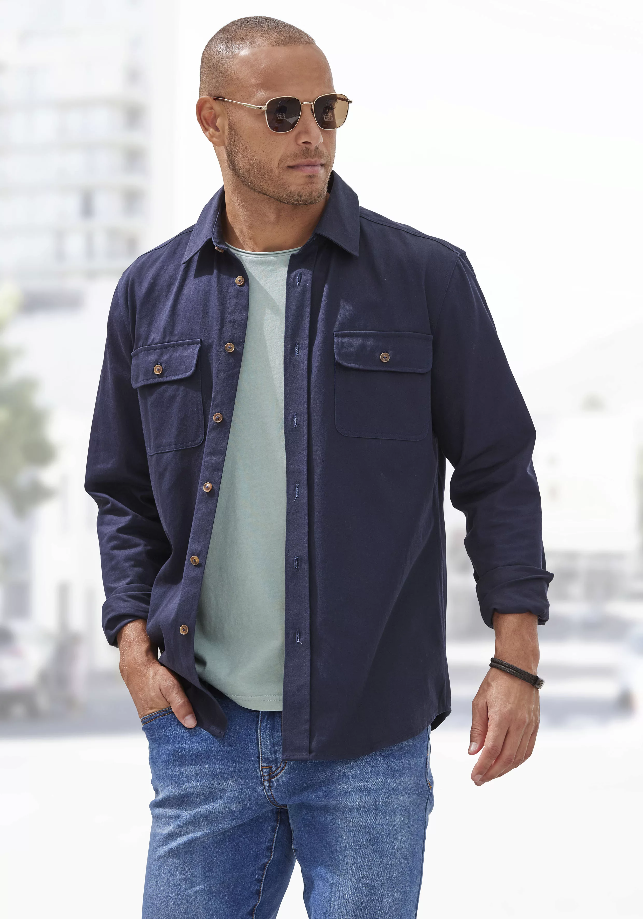 John Devin Langarmhemd, cooles Overshirt aus reiner Baumwolle, mit aufgeset günstig online kaufen