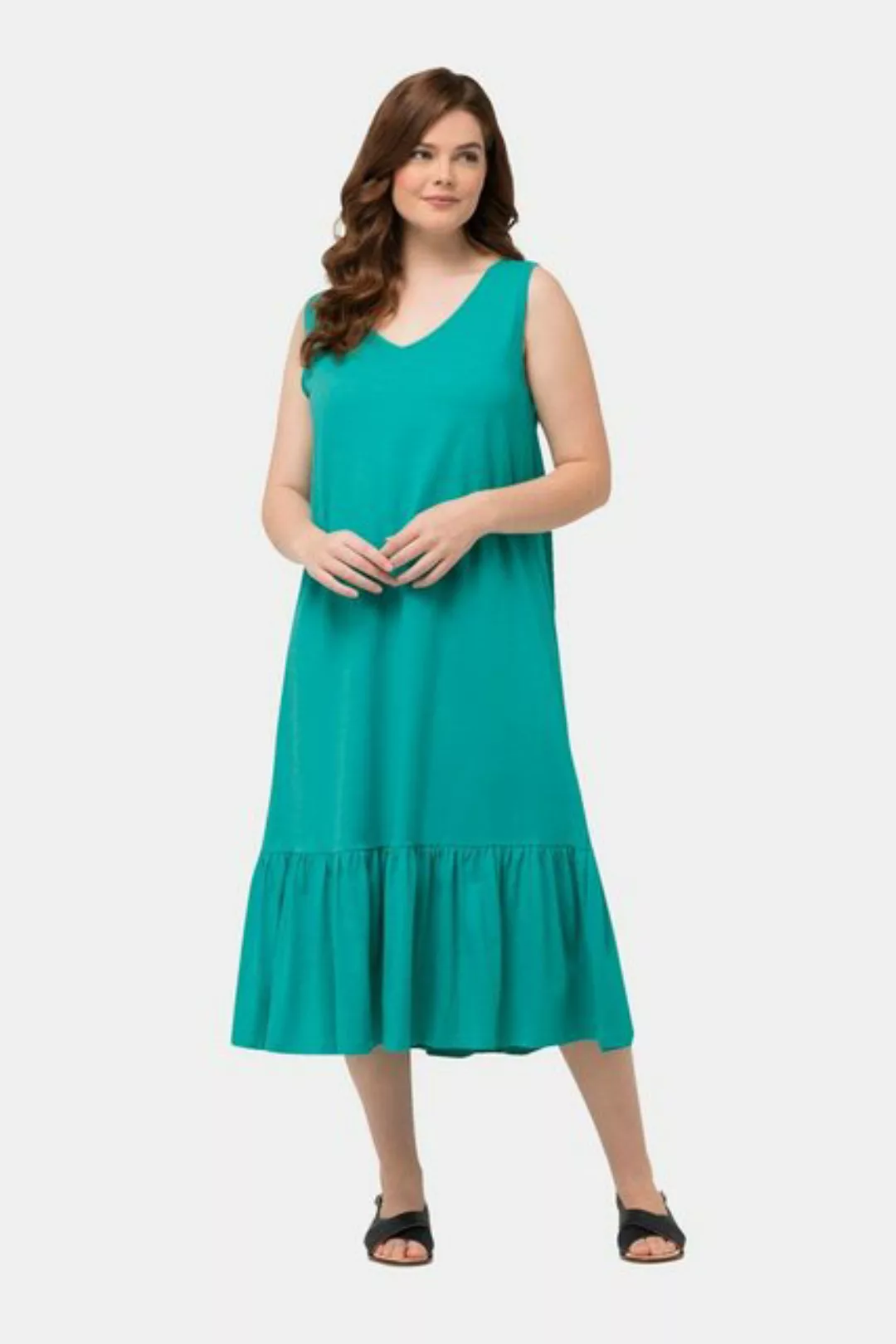 Ulla Popken Sommerkleid Midikleid Volant V-Ausschnitt ärmellos günstig online kaufen