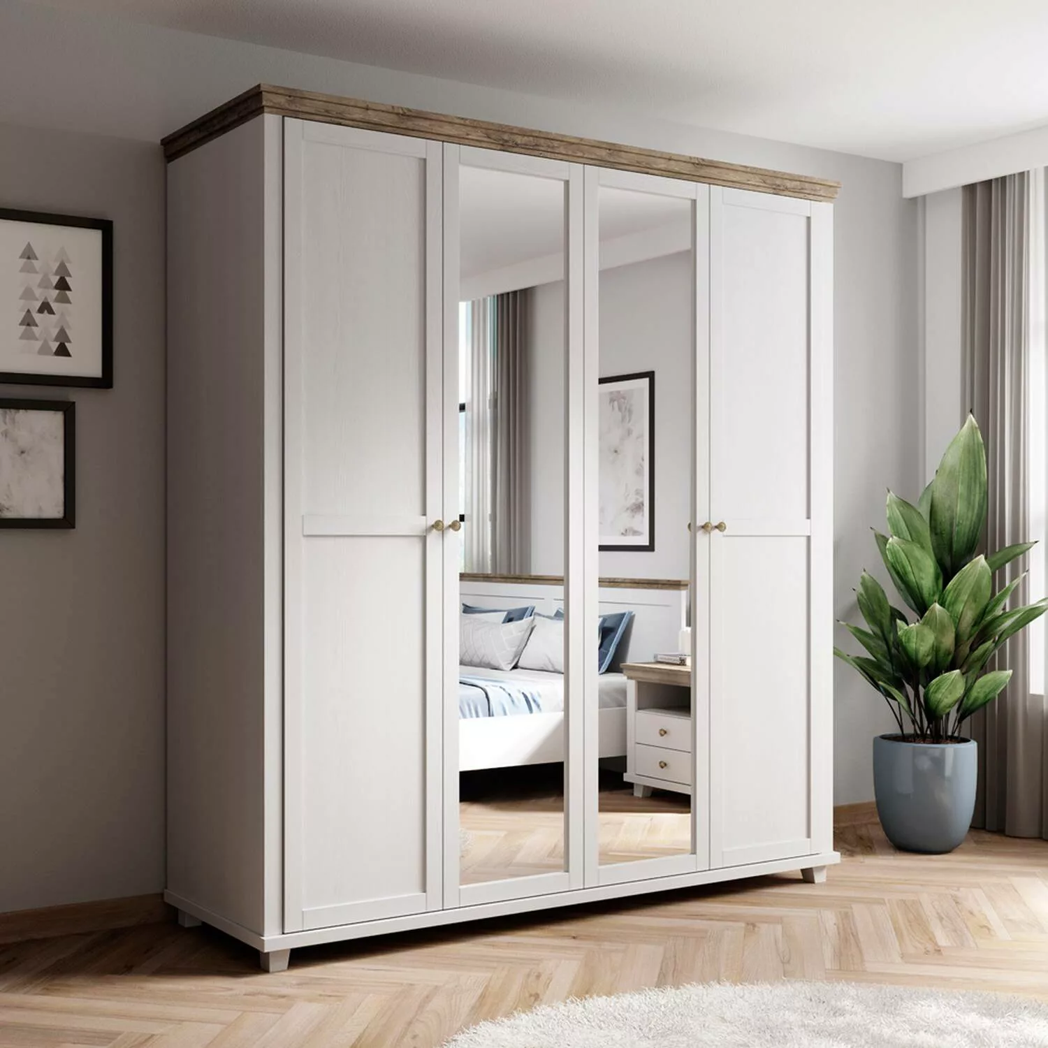 Kleiderschrank Landhausstil 200 cm breit EPSOM-83 mit 2 Spiegeln, 4 türig, günstig online kaufen