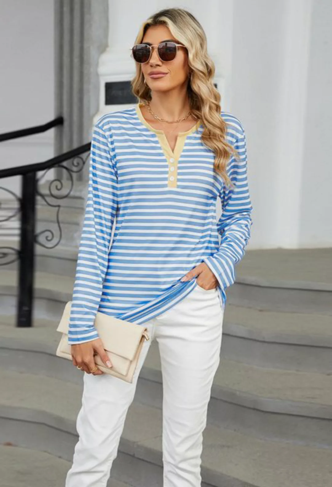 CHENIN Langarmhemd Damen Rundhalsausschnitt Clashing Stripe Top Lockeres To günstig online kaufen