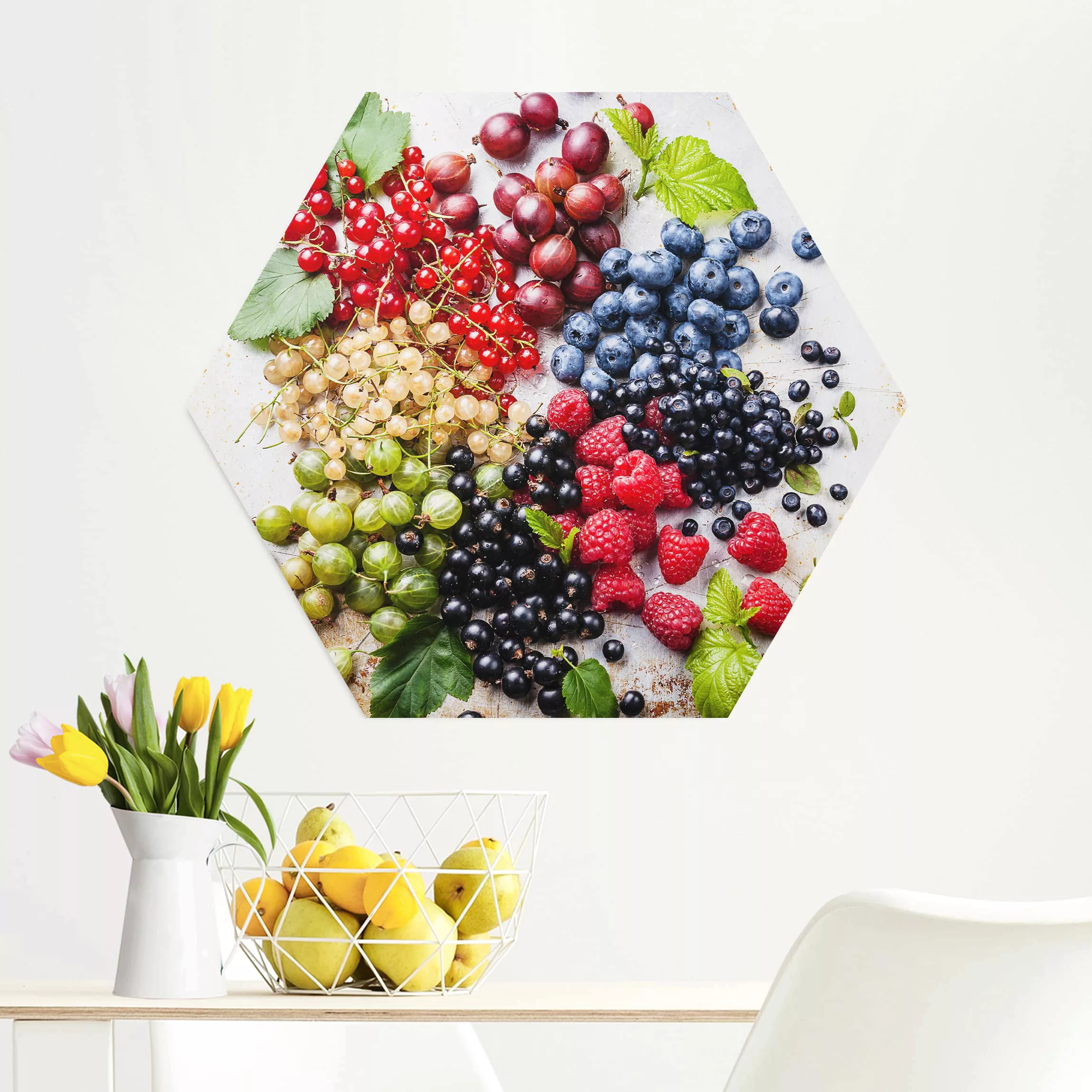 Hexagon-Alu-Dibond Bild Küche Mischung aus Beeren auf Metall günstig online kaufen