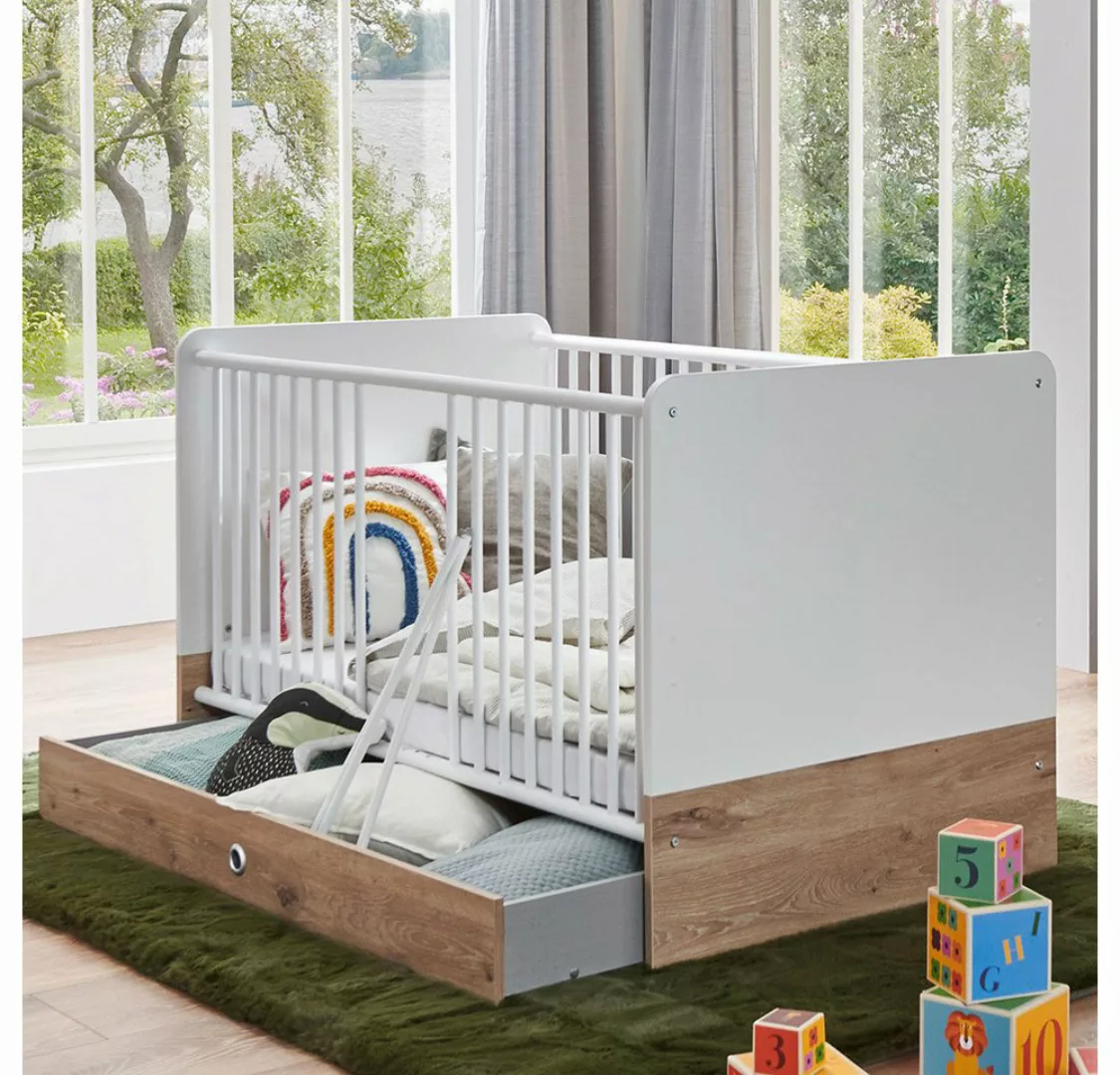 Lomadox Babybett FELIN-43, weiß Eiche Oak Schlupfsprossen Bettschublade 80x günstig online kaufen