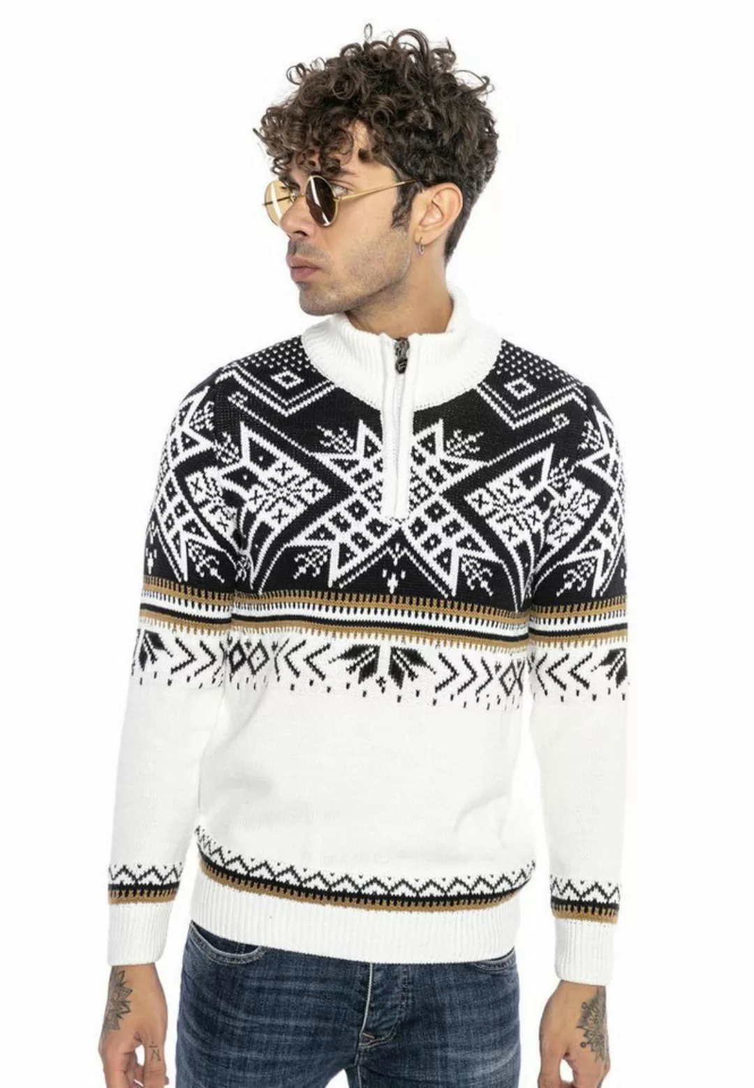 RedBridge Strickpullover Norweger Strickpullover Slim-Fit Stehkragen Weiß X günstig online kaufen