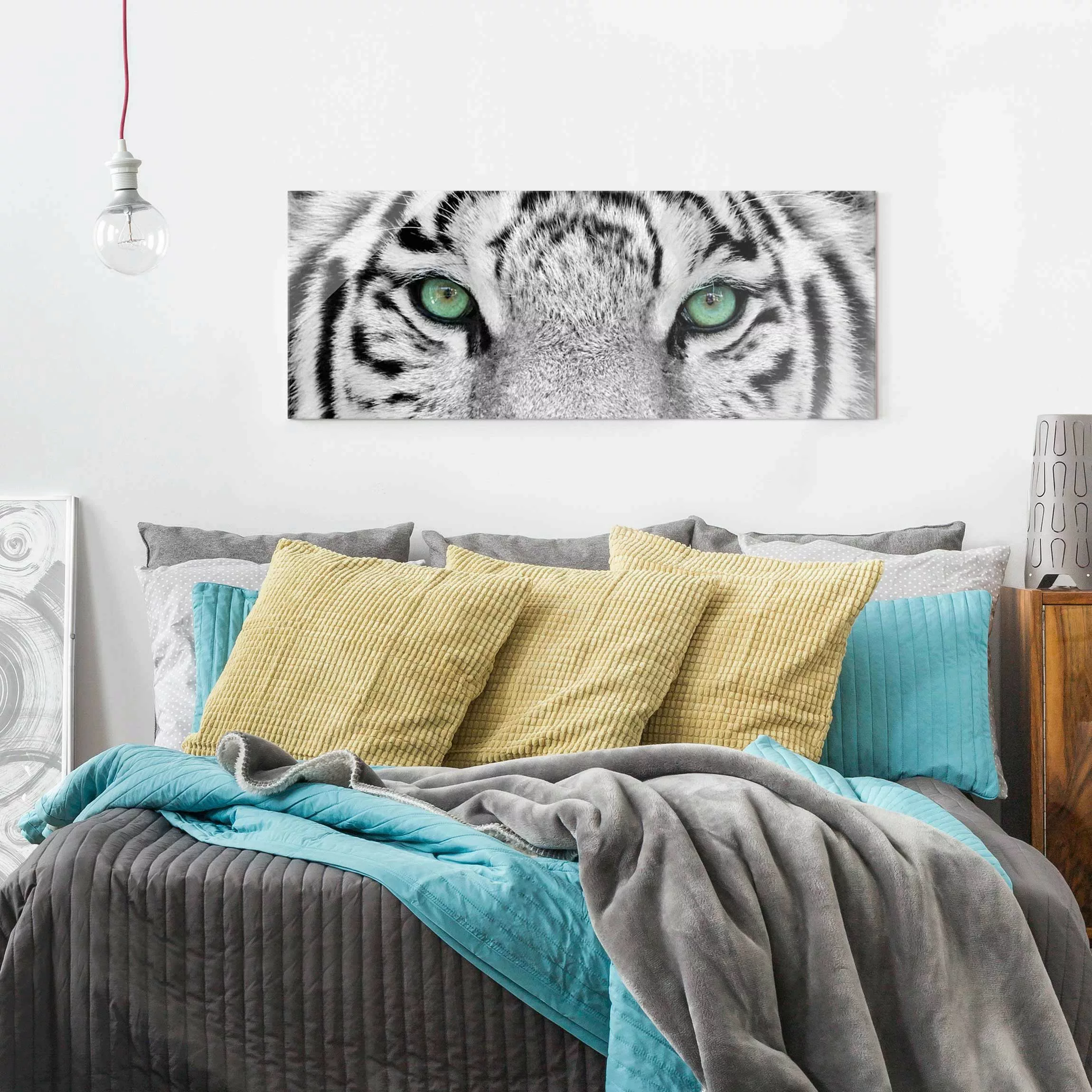 Glasbild Schwarz-Weiß - Panorama Weißer Tiger günstig online kaufen