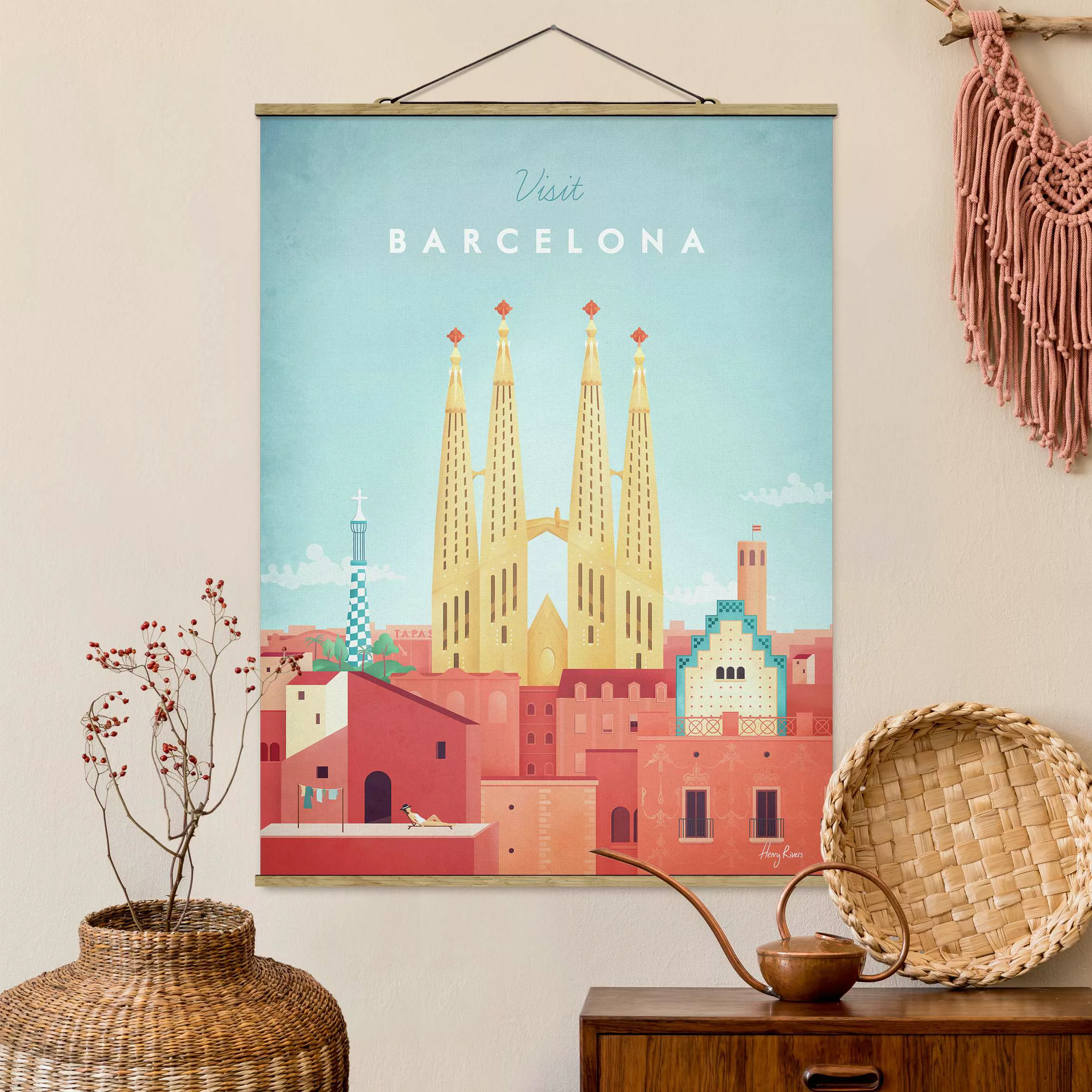 Stoffbild Architektur mit Posterleisten - Hochformat Reiseposter - Barcelon günstig online kaufen