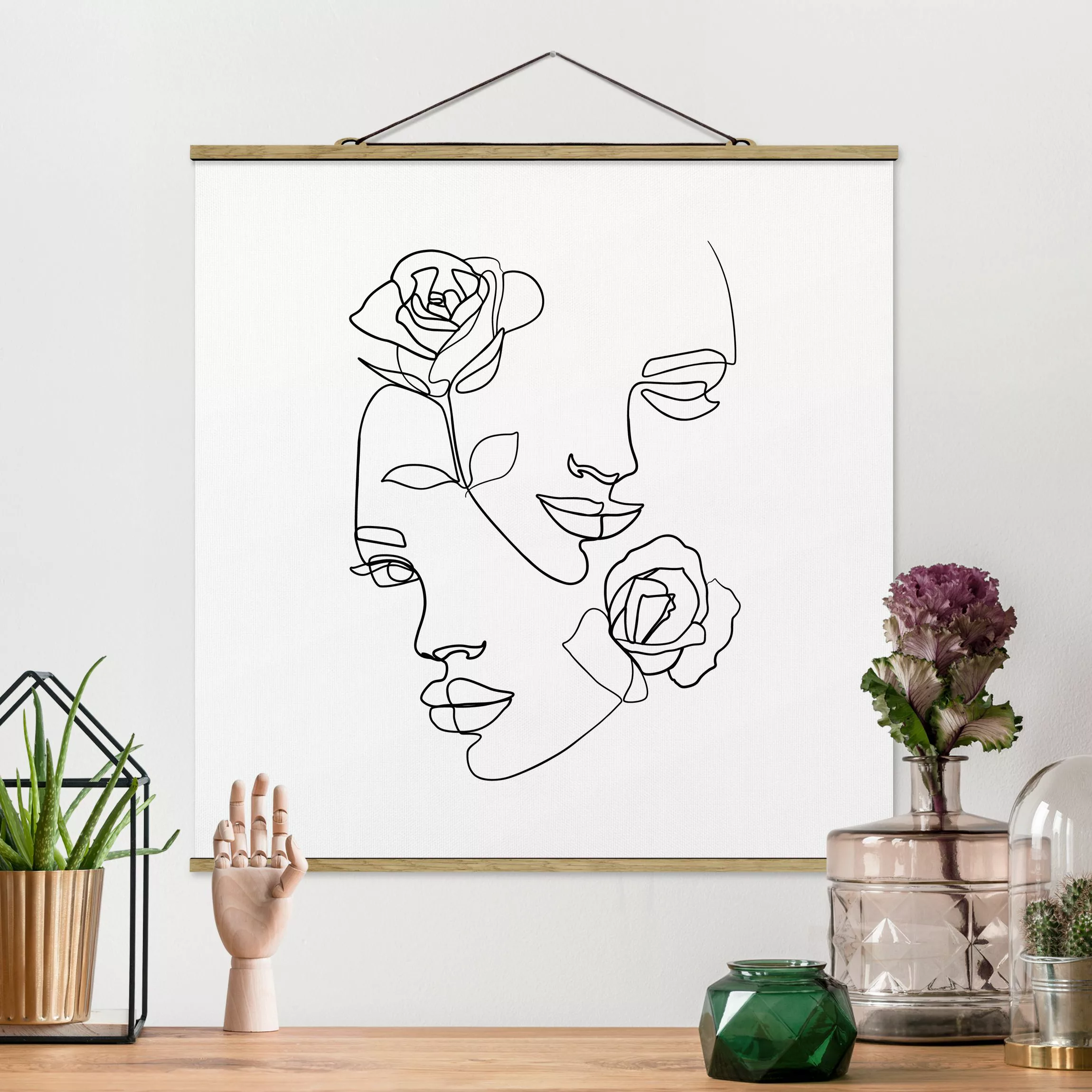 Stoffbild Abstrakt mit Posterleisten - Quadrat Line Art Gesichter Frauen Ro günstig online kaufen