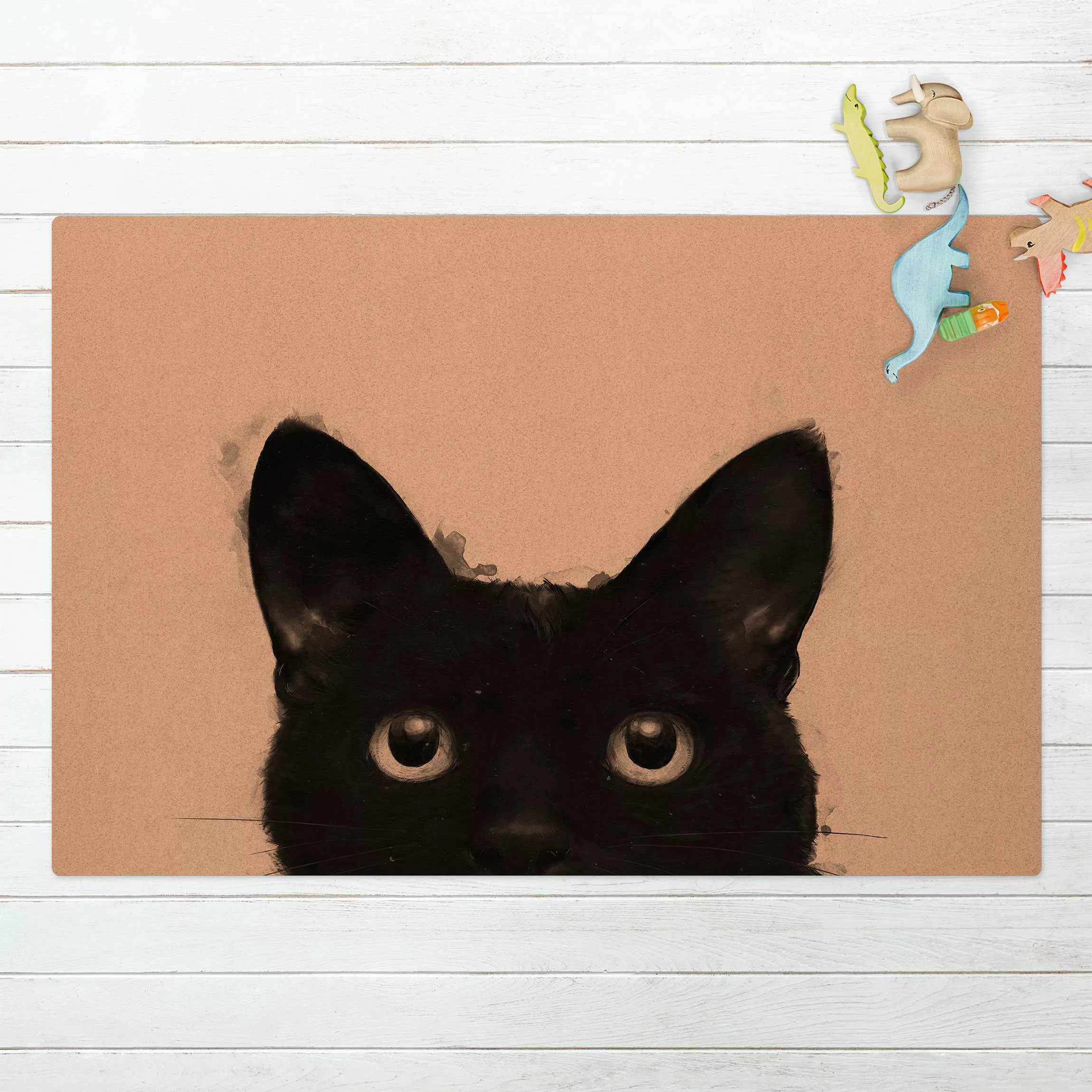 Kork-Teppich Illustration Schwarze Katze auf Weiß Malerei günstig online kaufen