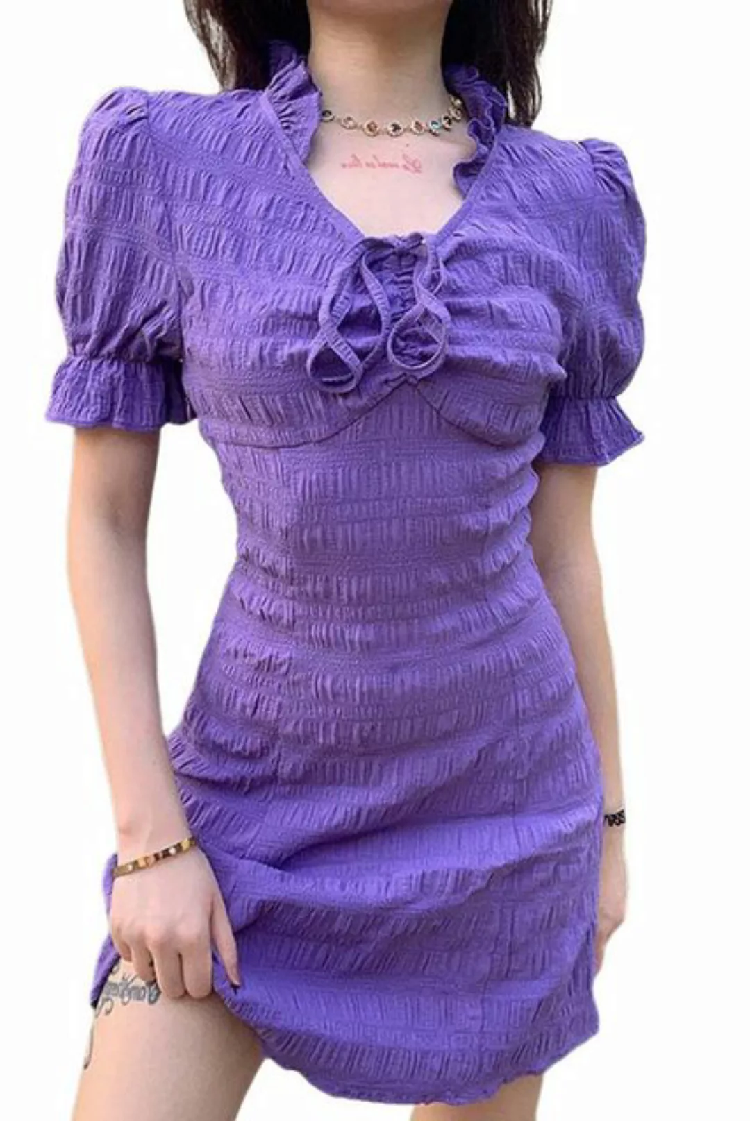 ZWY Dirndl Einfarbiges kurzes Damenkleid mit V-Ausschnitt Schlanke Passform günstig online kaufen