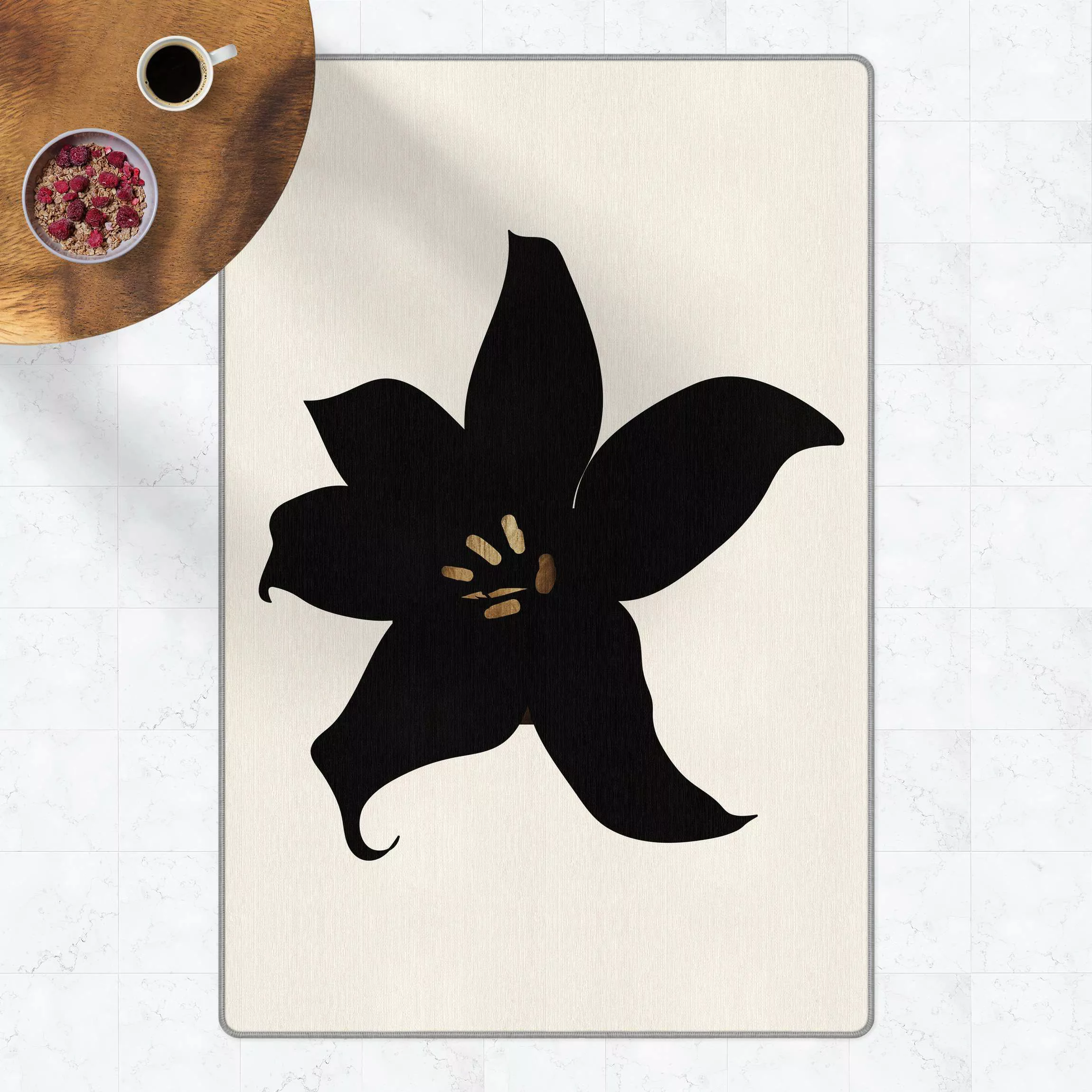 Teppich Grafische Pflanzenwelt - Orchidee Schwarz und Gold günstig online kaufen