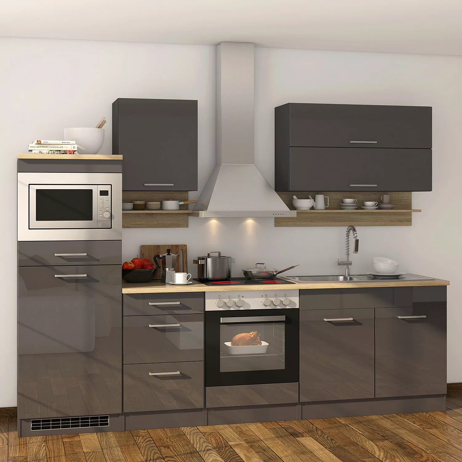 Held Möbel Küchenzeile/Küchenblock Mailand 270 cm Grau Hochglanz-Grau Matt günstig online kaufen