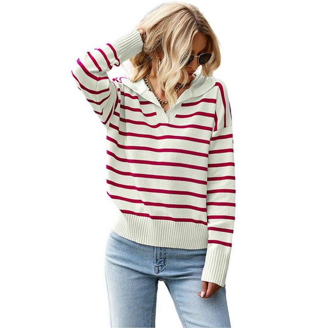 Zoclack Strickpullover Damen Gestreifte Pullover mit V-Ausschnitt, Polo Str günstig online kaufen