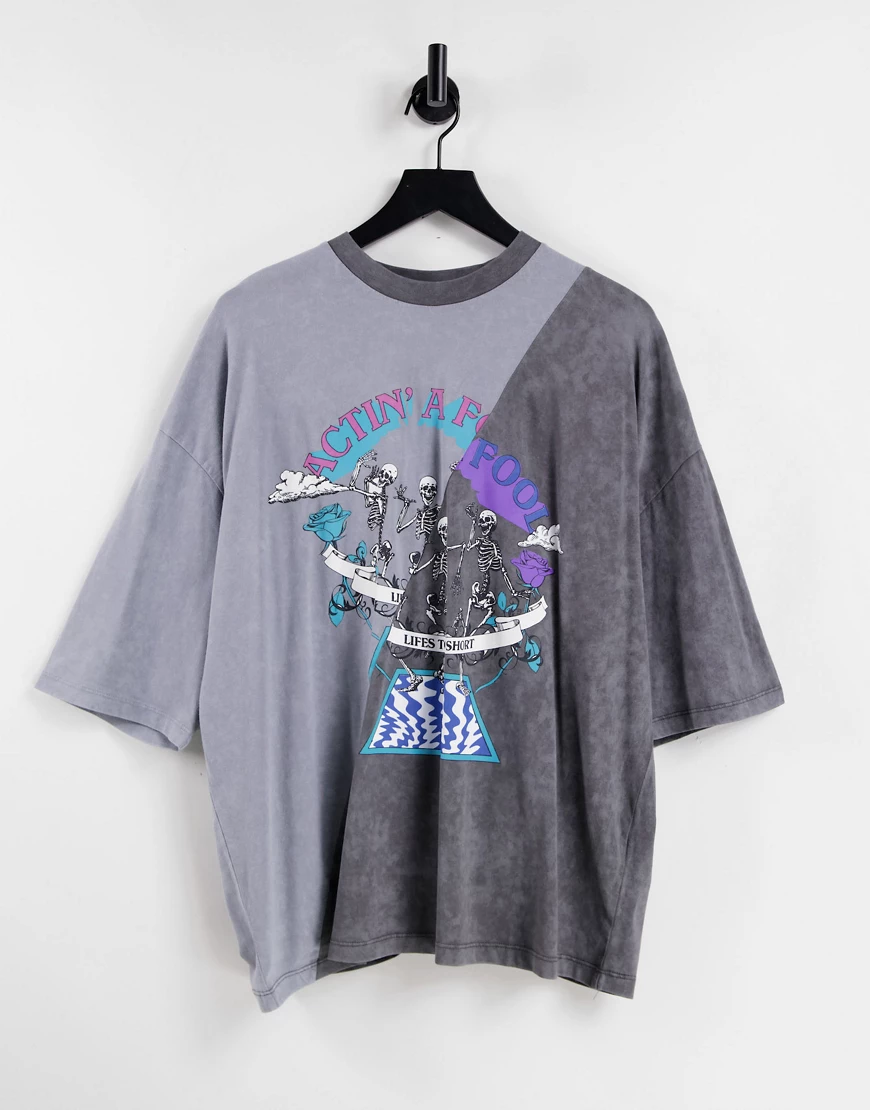 ASOS DESIGN – Oversize T-Shirt in Grau und Schwarz mit Farbblockdesign und günstig online kaufen