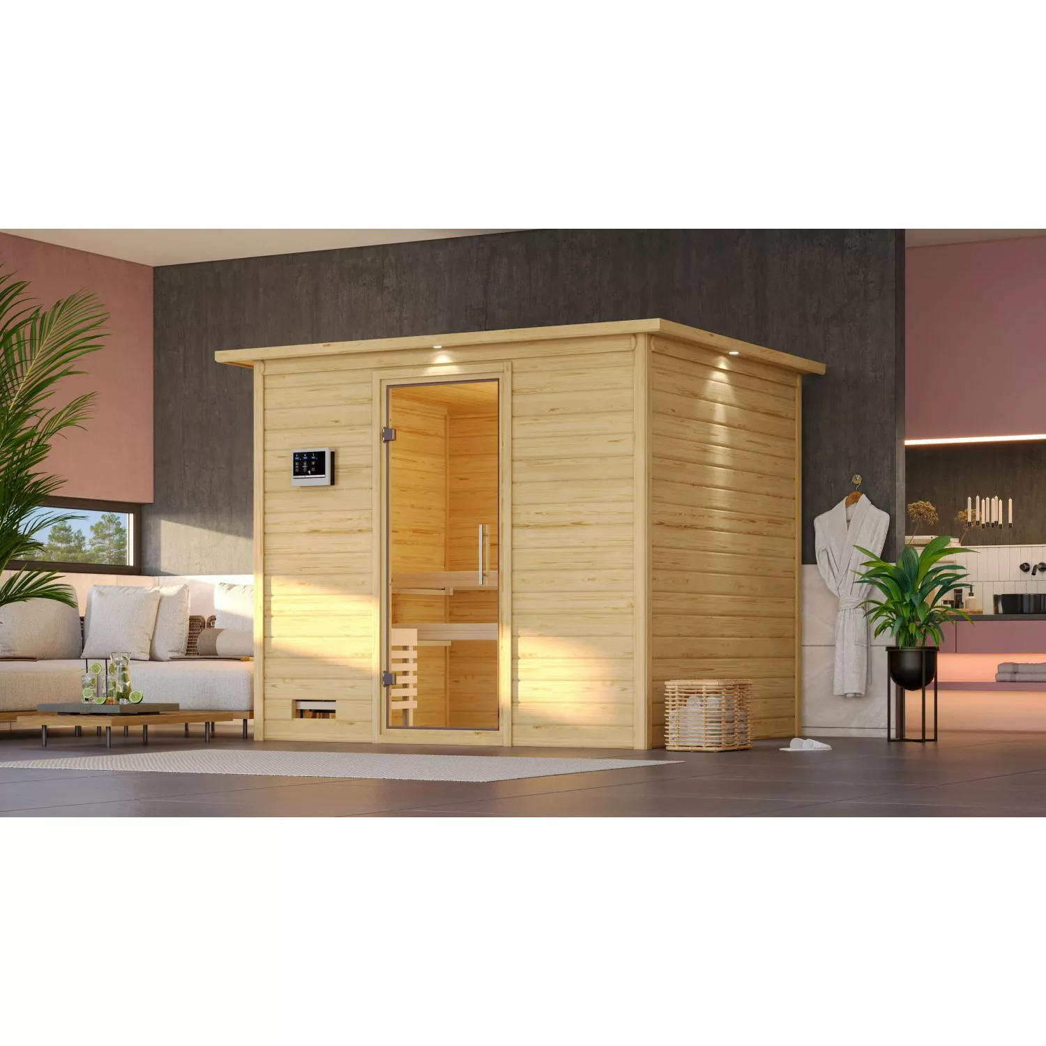 Karibu Sauna Sarina mit Ofen integrierte Stg.LED-Dachkranz Natur günstig online kaufen