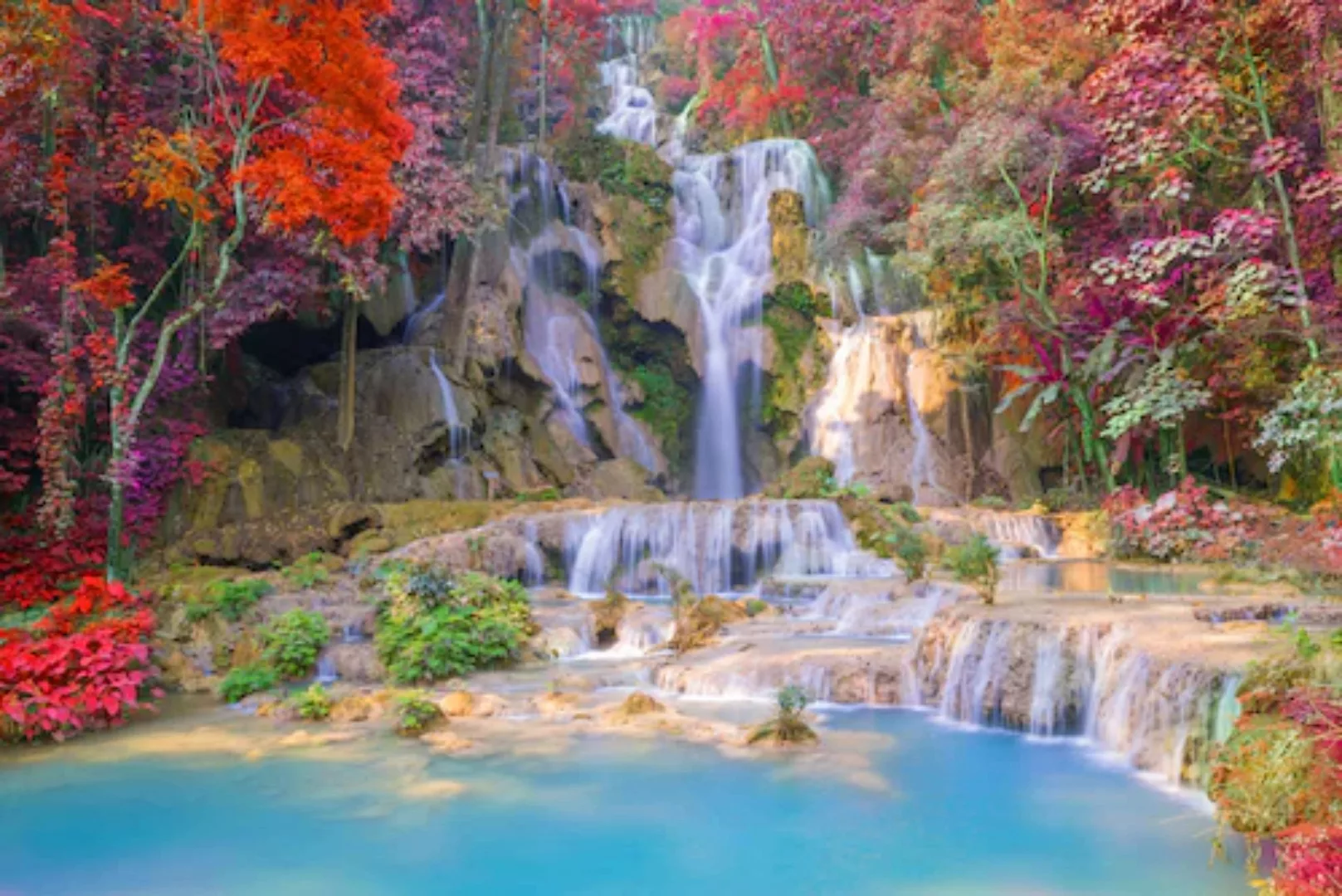 Papermoon Fototapete »WASSERFALL-BÄUME FLUSS SEE STEINE BLUMEN BERGE HERBST günstig online kaufen