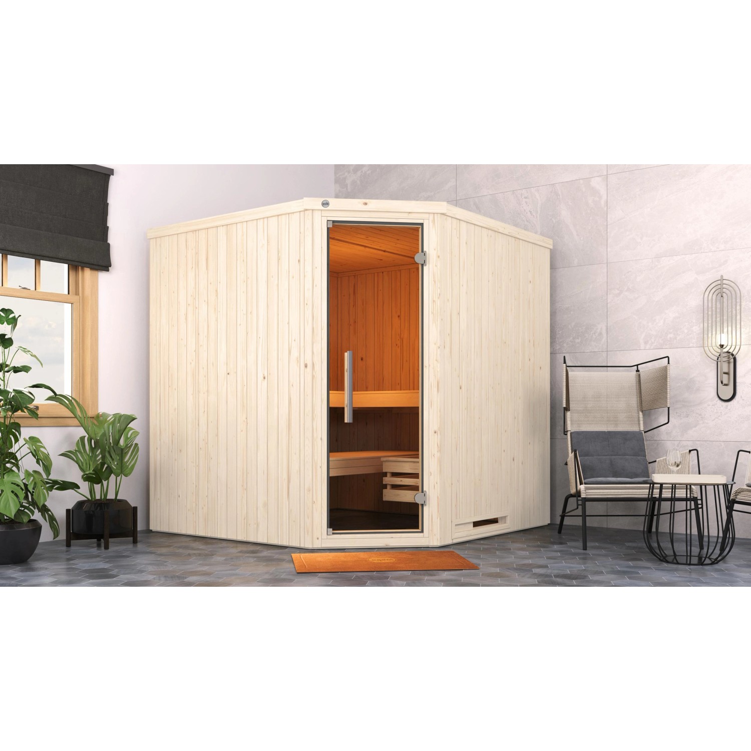 Weka Elementsauna Varberg Trend 3 Weiß Sparset 9 kW Kompakt Glastür günstig online kaufen