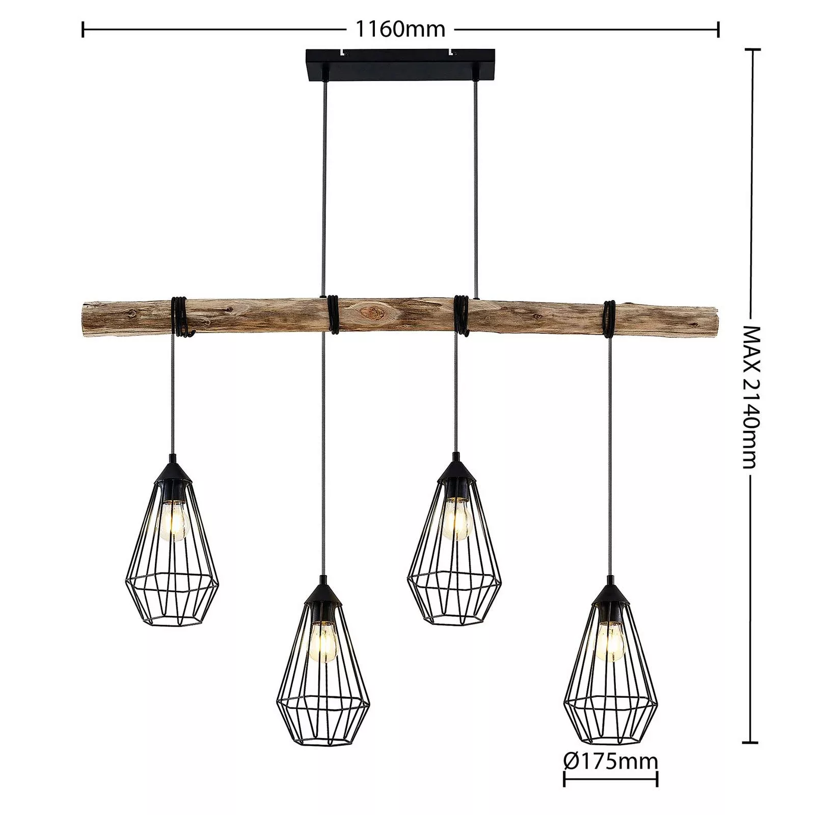 Lindby Hängeleuchte Eldarion, 116 cm, 4-flammig, Holz, E27 günstig online kaufen