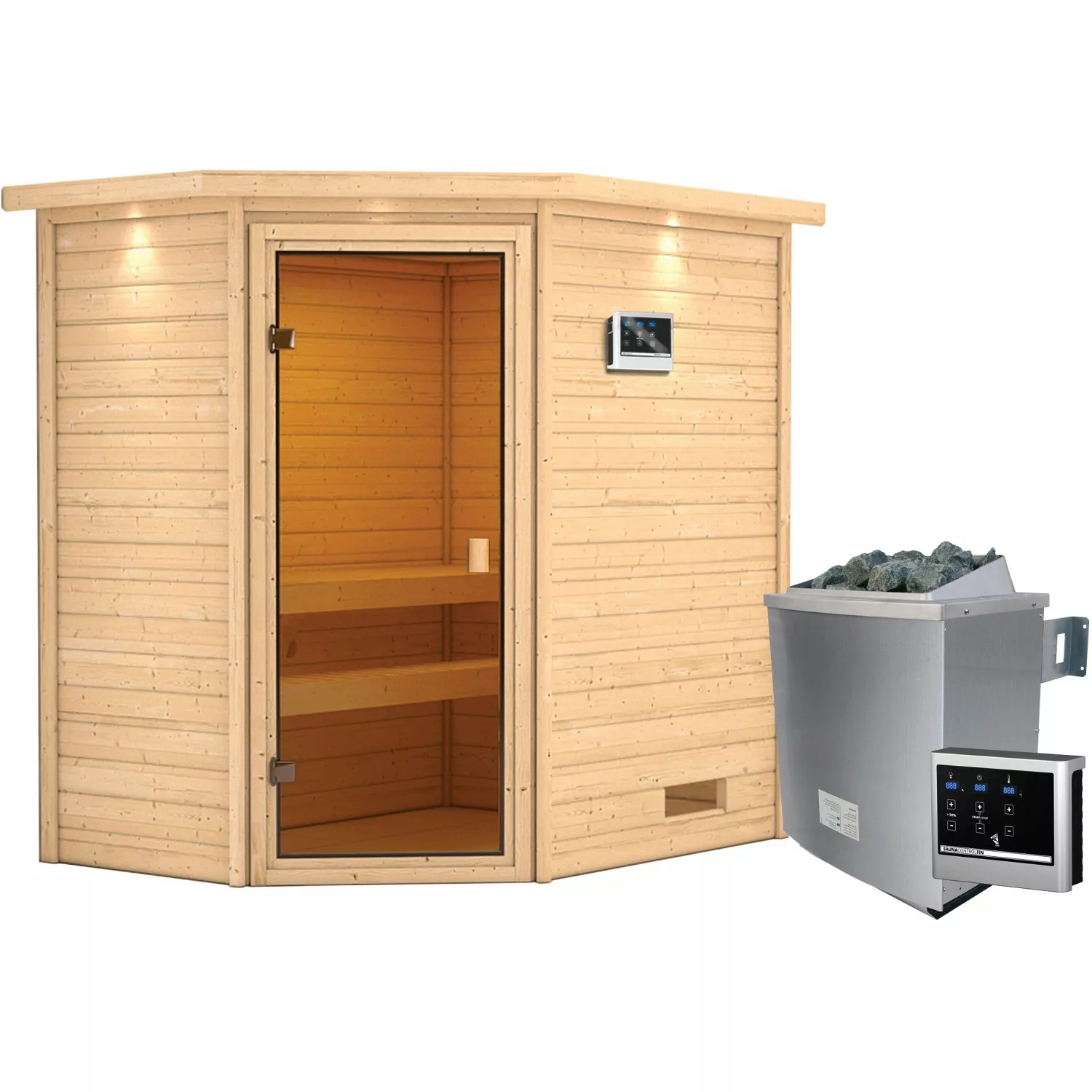 Woodfeeling Sauna Jella inkl. 9 kW Ofen mit ext. Strg., LED-Dachkranz günstig online kaufen