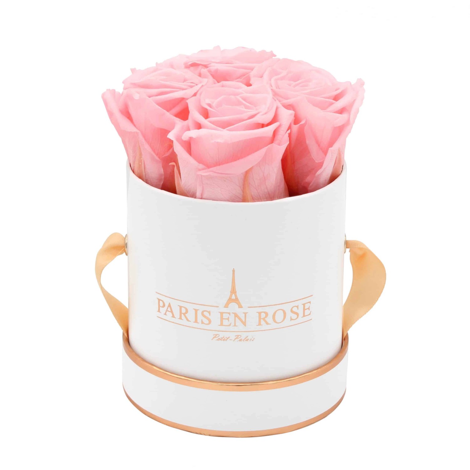 Rosenbox Ø 10 cm Weiß-Roségold mit 4 Rosa Rosen günstig online kaufen