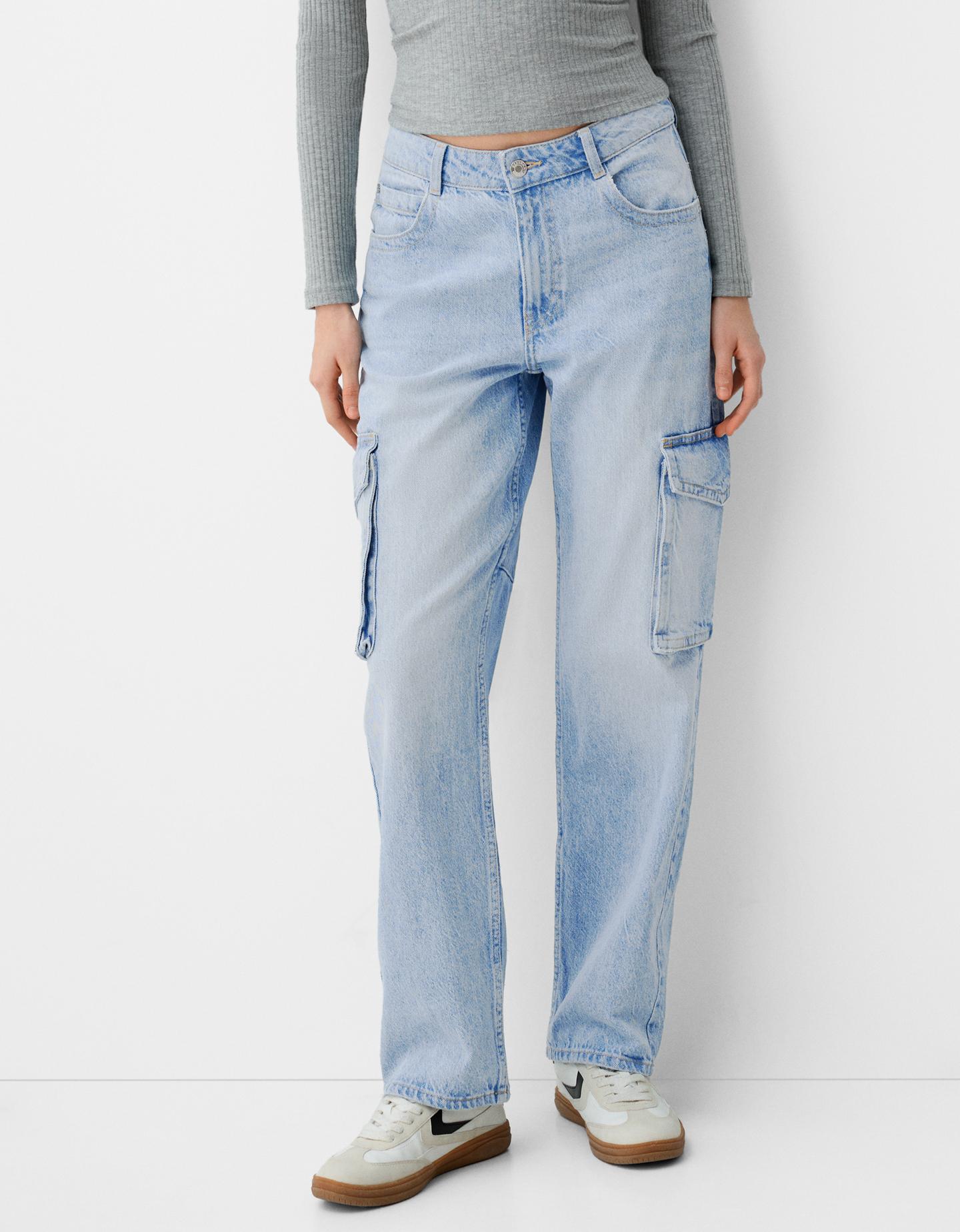 Bershka Cargo-Jeans Im Straight-Fit Damen 40 Hellblau günstig online kaufen