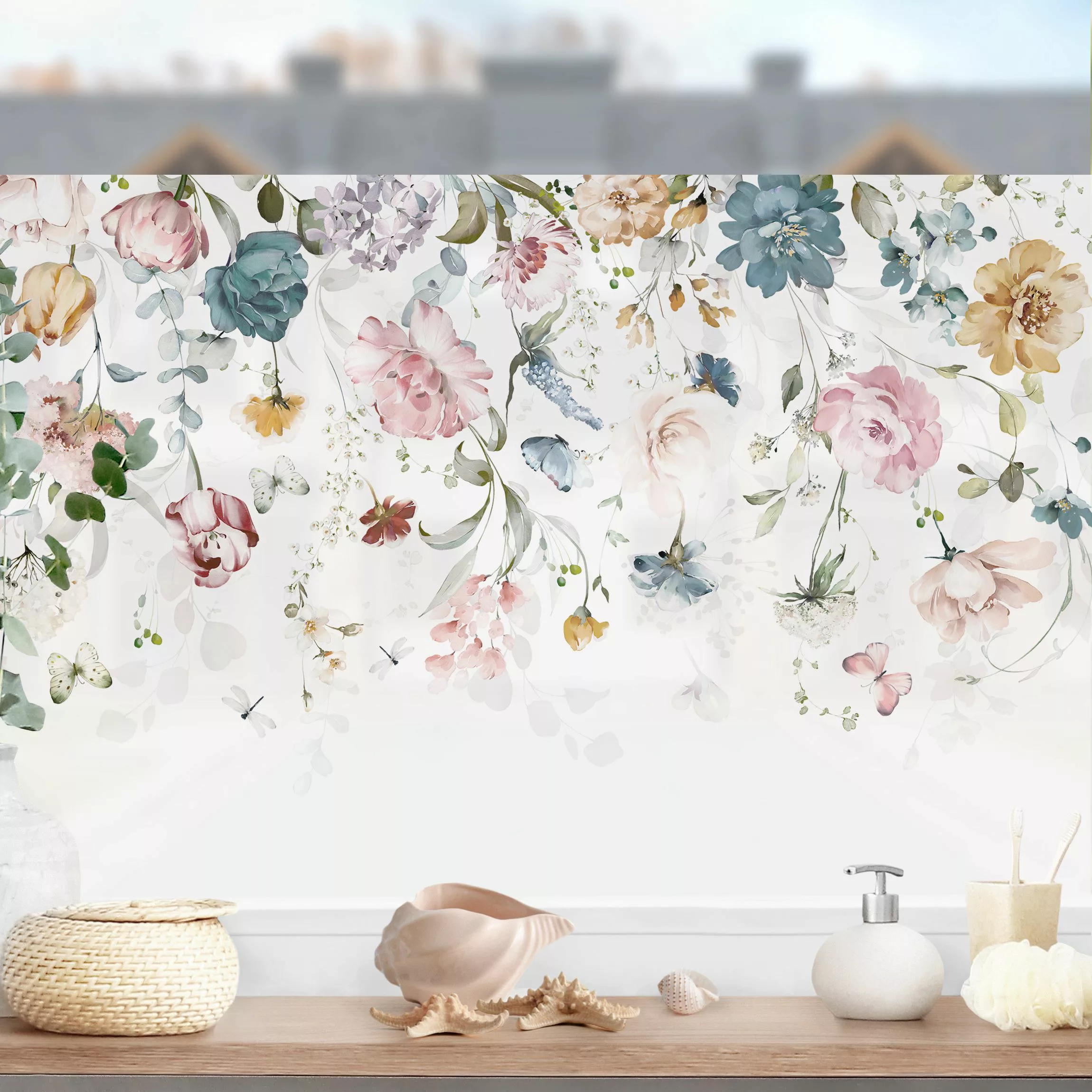 Fensterfolie Rankende Blumen mit Schmetterlingen Aquarell günstig online kaufen