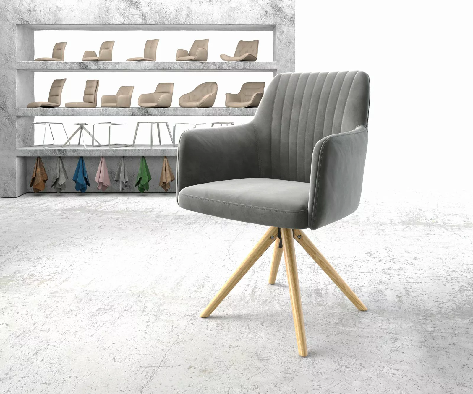 Drehstuhl Greg-Flex Samt Grau Holzgestell konisch 180° drehbar günstig online kaufen
