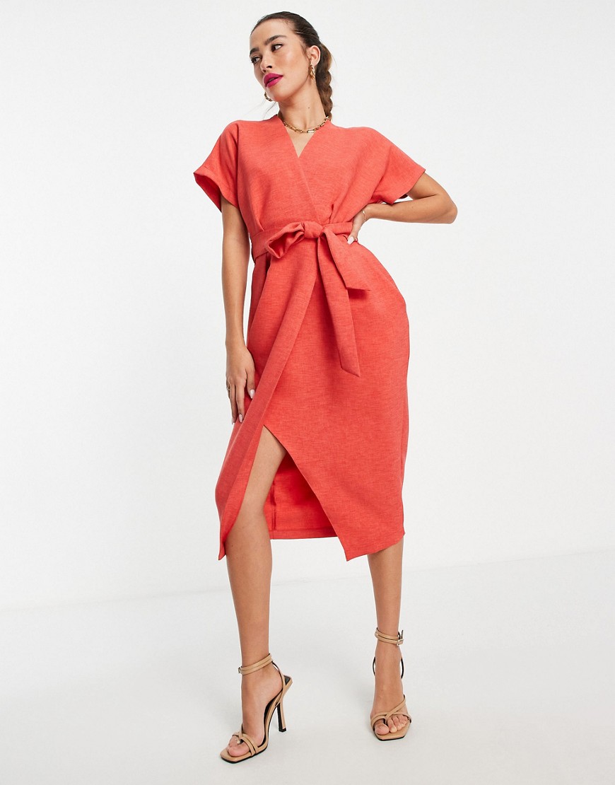 Closet London – Midi-Wickelkleid in Rot mit Bindegürtel günstig online kaufen