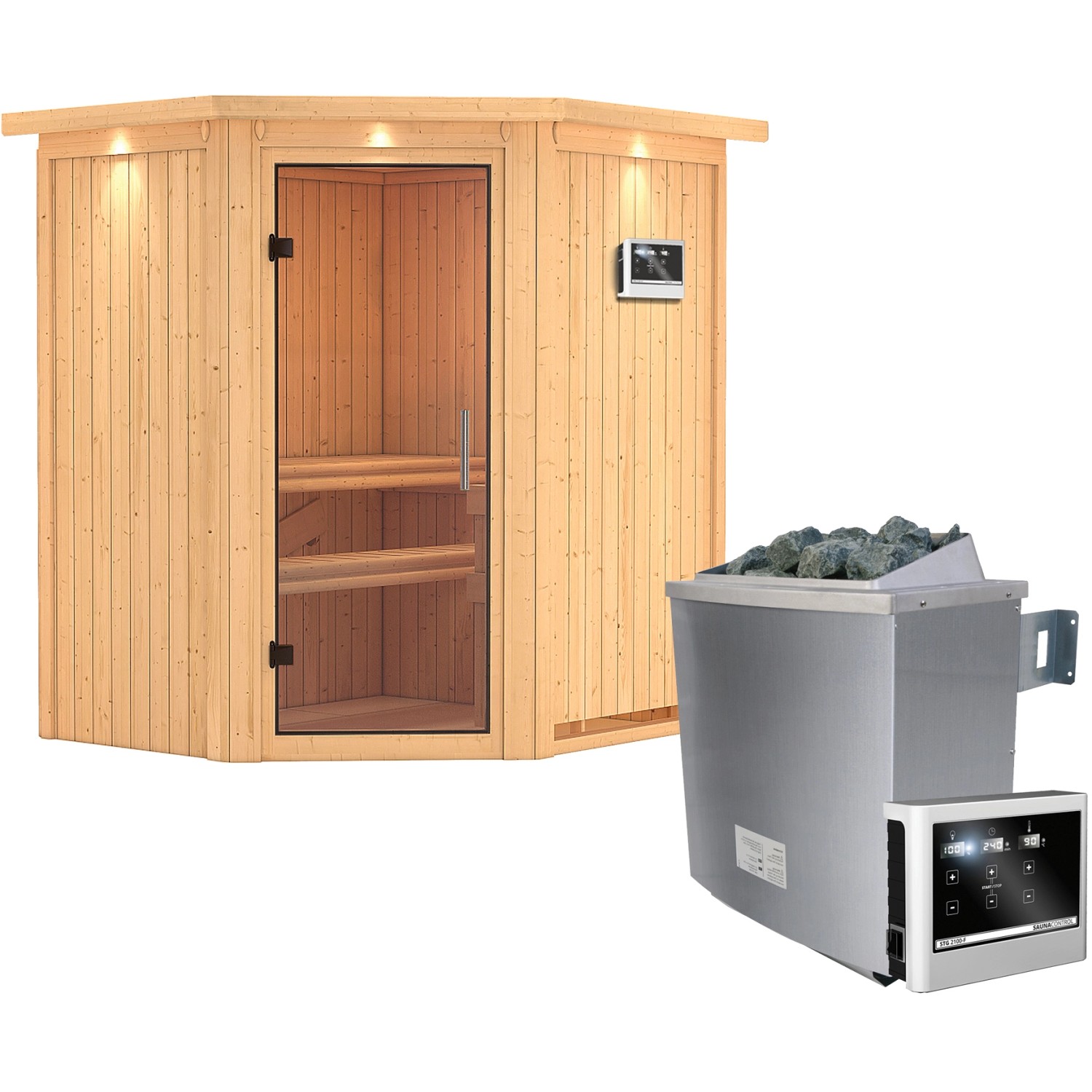 Karibu Sauna Tjorven, Ofen, externe Steuerung Easy, Glastür, LED-Dachkranz günstig online kaufen
