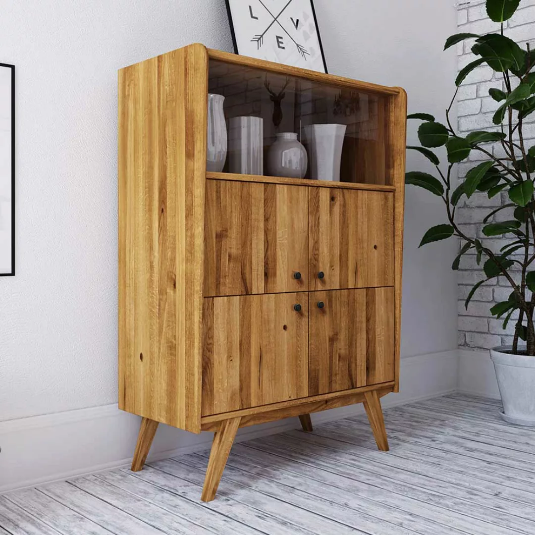 Wohnzimmer Highboard aus Wildeiche Massivholz Retro Look günstig online kaufen