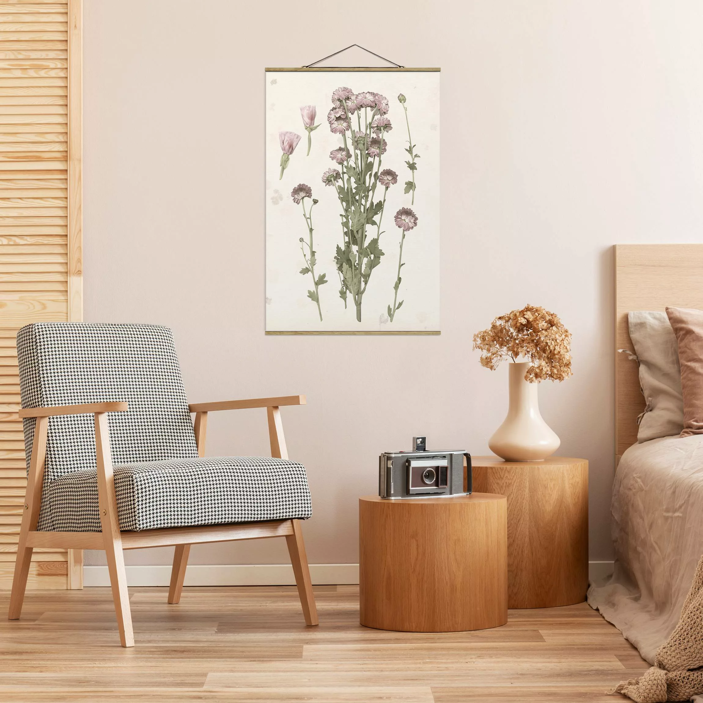 Stoffbild Blumen mit Posterleisten - Hochformat Herbarium in rosa I günstig online kaufen
