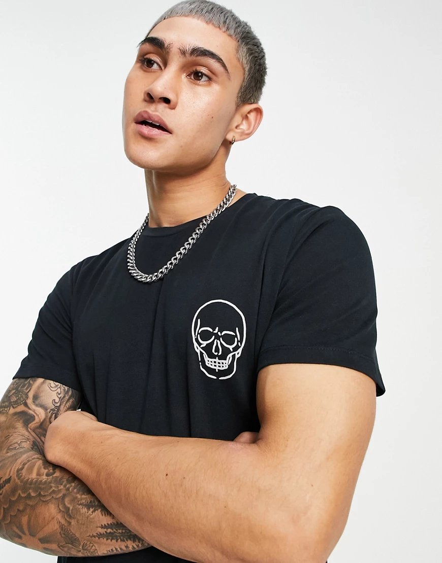 Jack & Jones Originals – T-Shirt in Schwarz mit beflocktem Totenkopf-Motiv günstig online kaufen