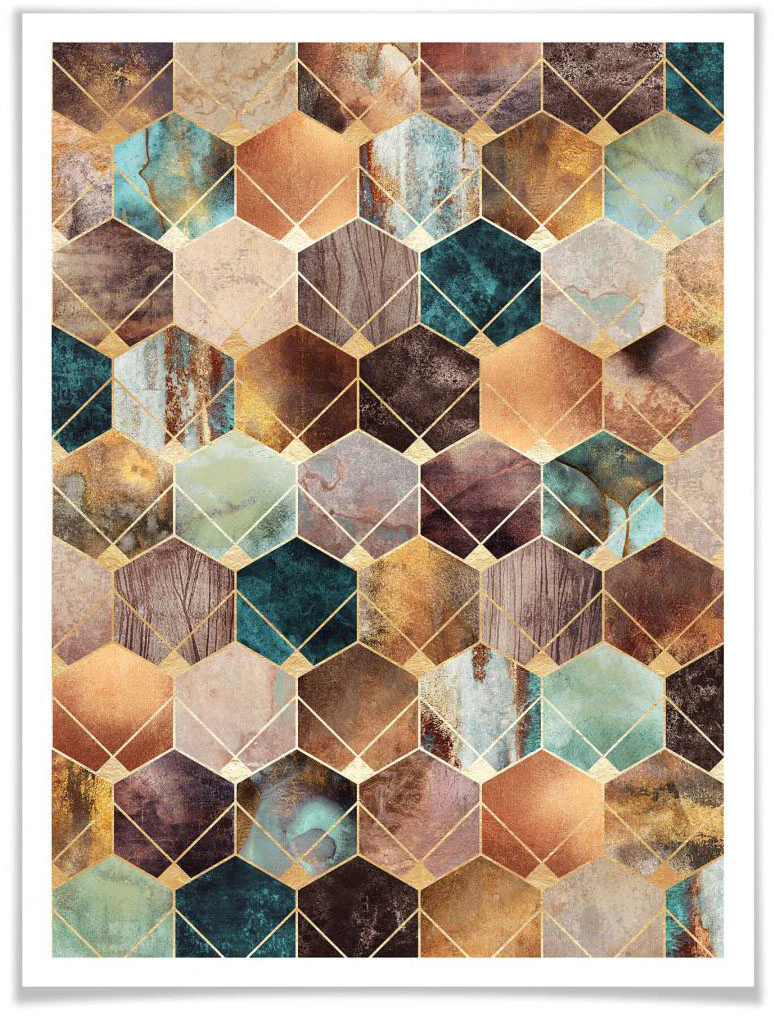 Wall-Art Poster "Hexagone Gold Kupfer", Schriftzug, (1 St.), Poster ohne Bi günstig online kaufen