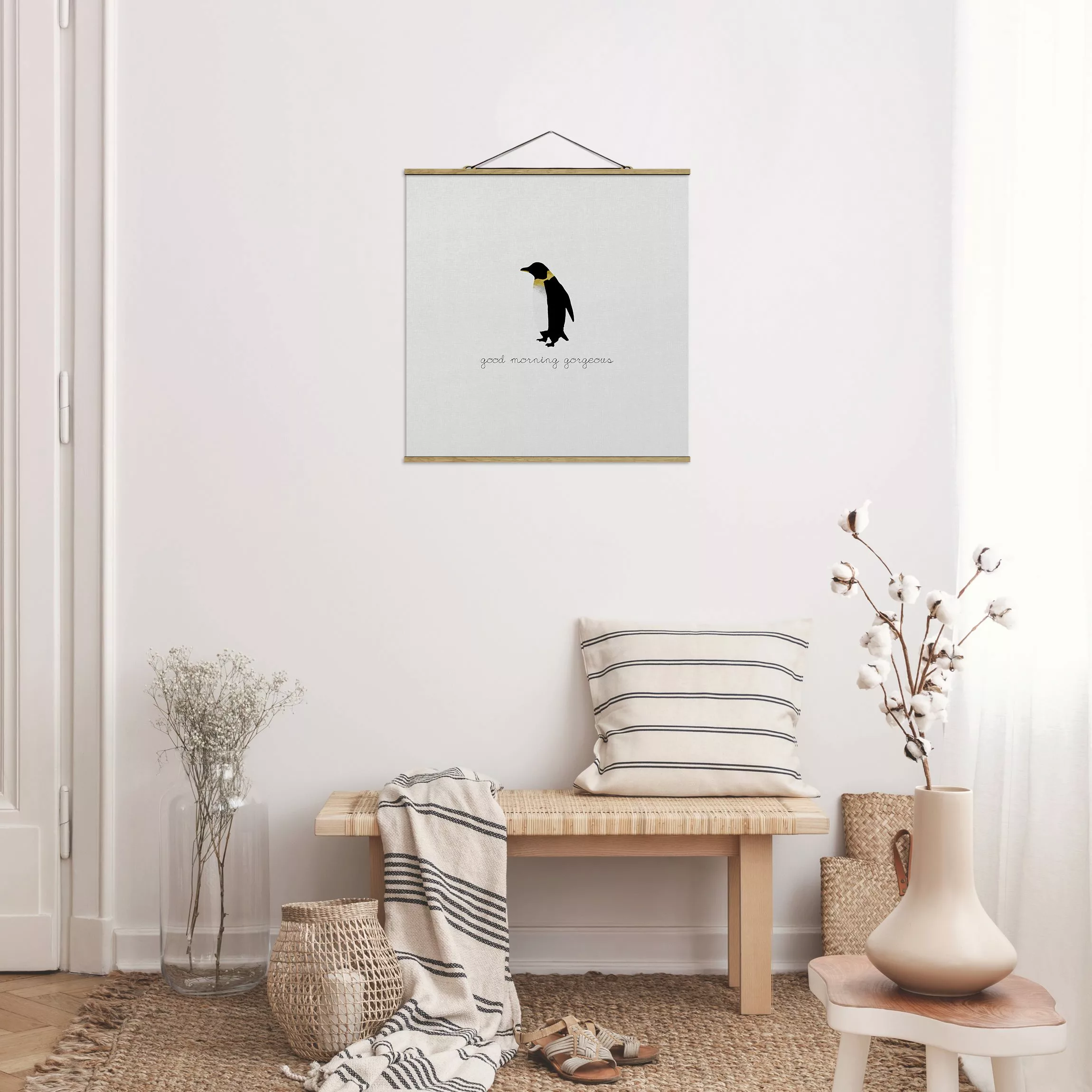 Stoffbild mit Posterleisten Pinguin Zitat Good Morning Gorgeous günstig online kaufen