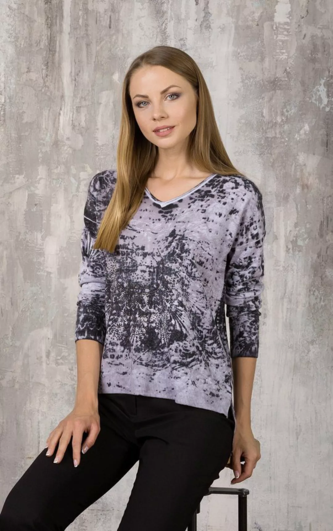 Passioni Strickpullover Pullover mit V-Ausschnitt und abstraktem Print und günstig online kaufen