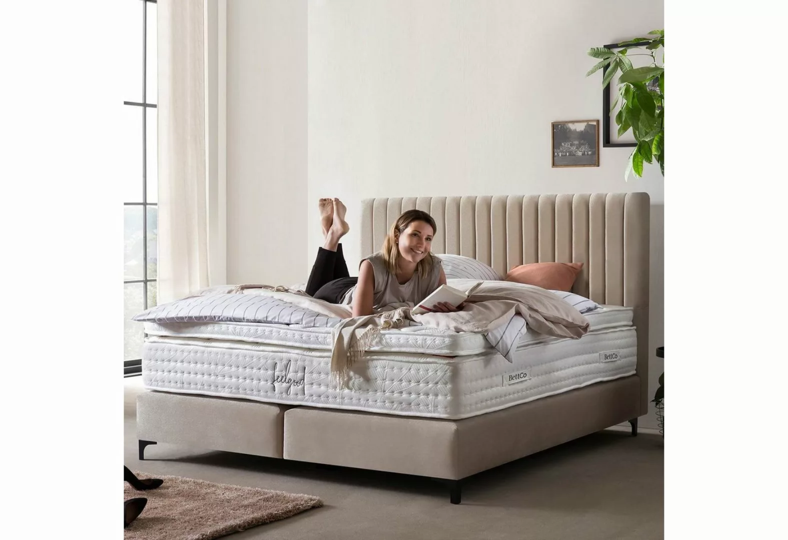 BettCo Boxspringbett Paris (in Beige Samt, 160 x 200 cm), Pfeifensteppung, günstig online kaufen