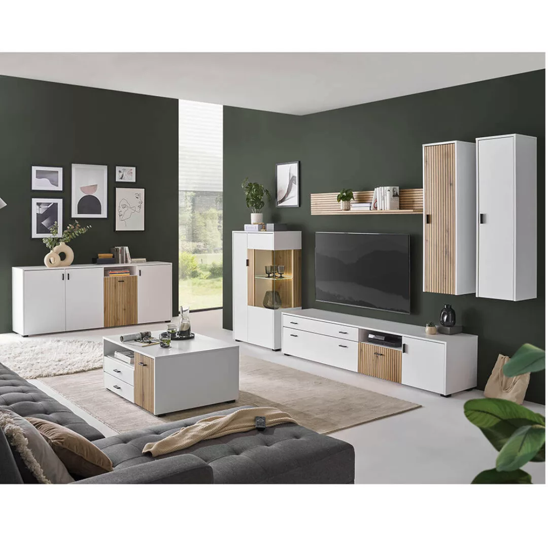 Wohnzimmer Set 7-teilig mit Couchtisch weiß matt Eiche gerillt HUNTER-61 günstig online kaufen