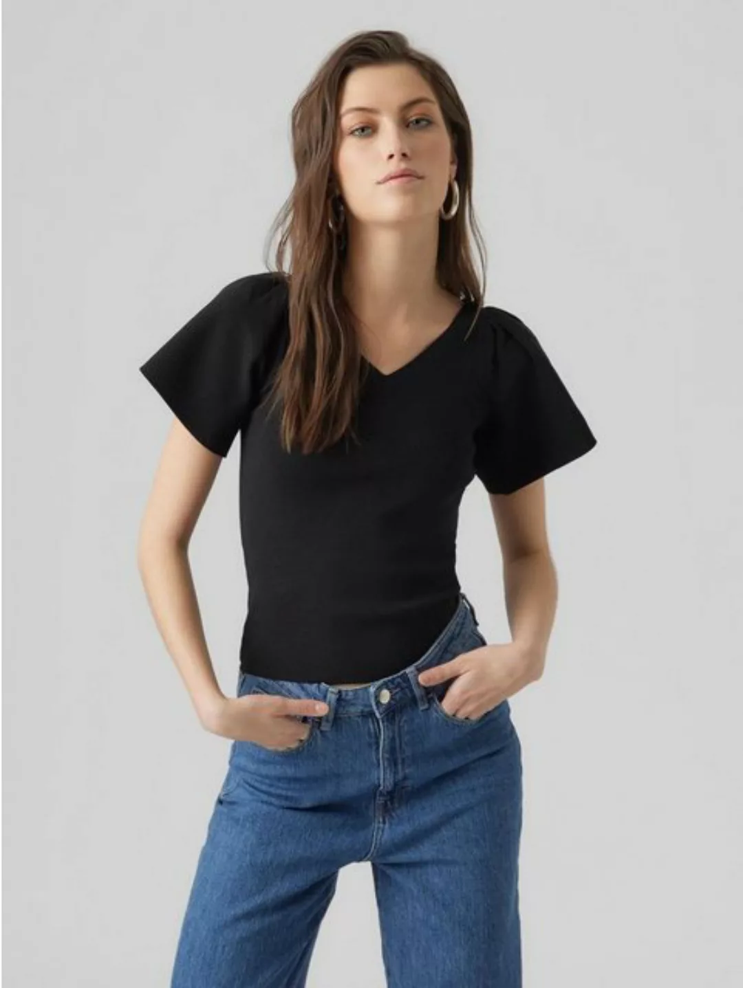 Vero Moda T-Shirt Geripptes Rüschen T-Shirt Kurzarm Strick Shirt VMGINNY 55 günstig online kaufen