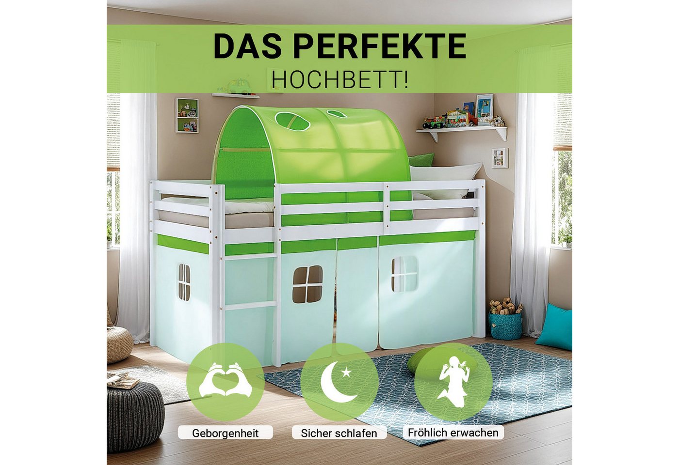 Homestyle4u Hochbett 90x200 Kinderbett Weiß Vorhang Grün Mint 1 Kind Kiefer günstig online kaufen