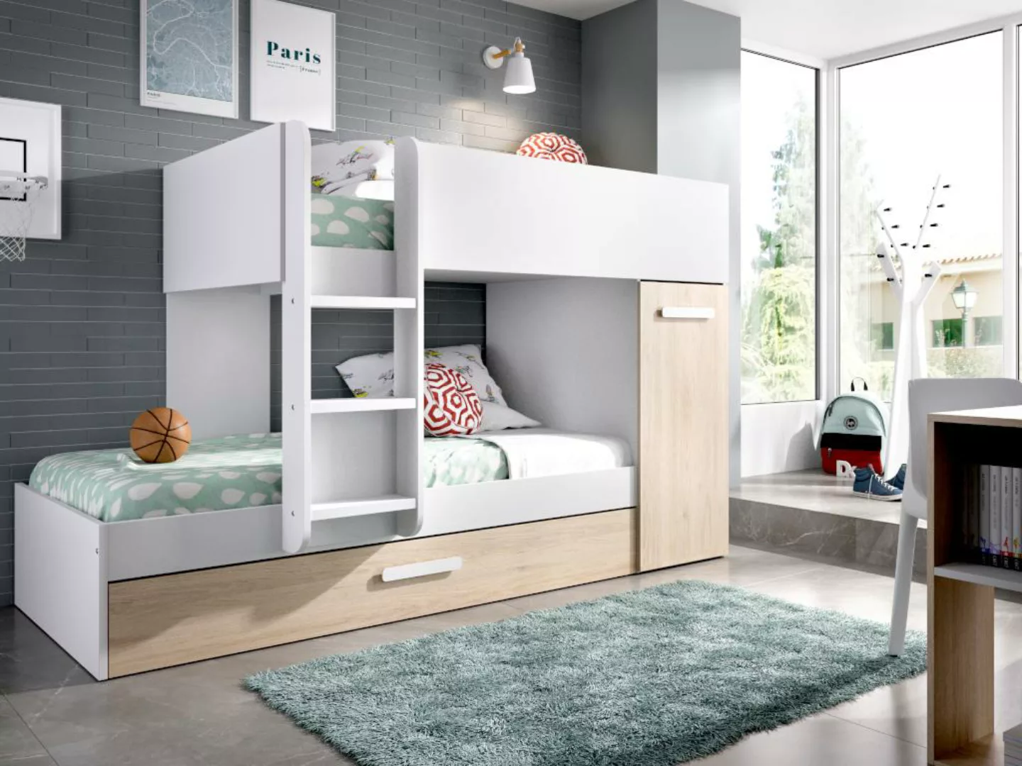 Etagenbett Ausziehbett mit Stauraum - 3x 90 x 190 cm - Weiß & Naturfarben - günstig online kaufen
