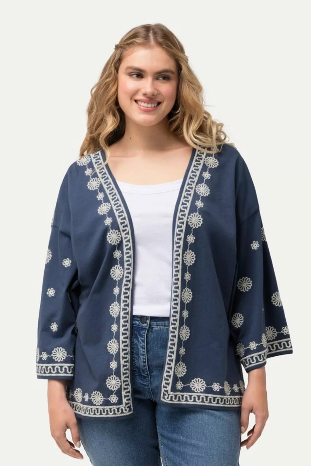 Ulla Popken Blusenjacke Blusen-Kaftan Stickerei offene Form Langarm günstig online kaufen