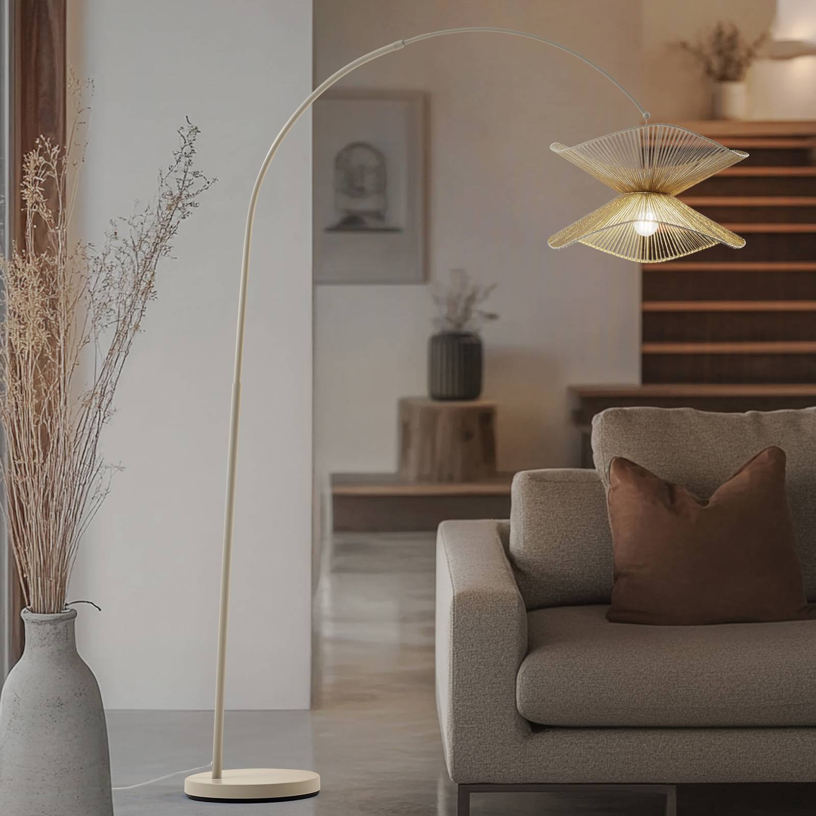 Lindby Bogenleuchte Valdorin, beige, Papier, 195 cm, IP20 günstig online kaufen