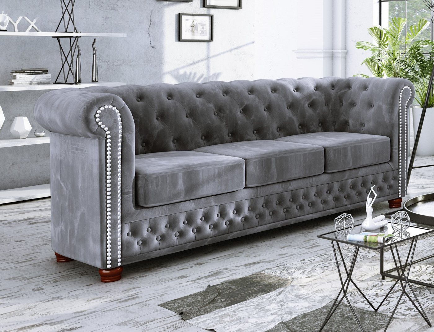 S-Style Möbel Chesterfield-Sofa Leeds 3-Sitzer aus Samt-Stoff mit Holzfüßen günstig online kaufen