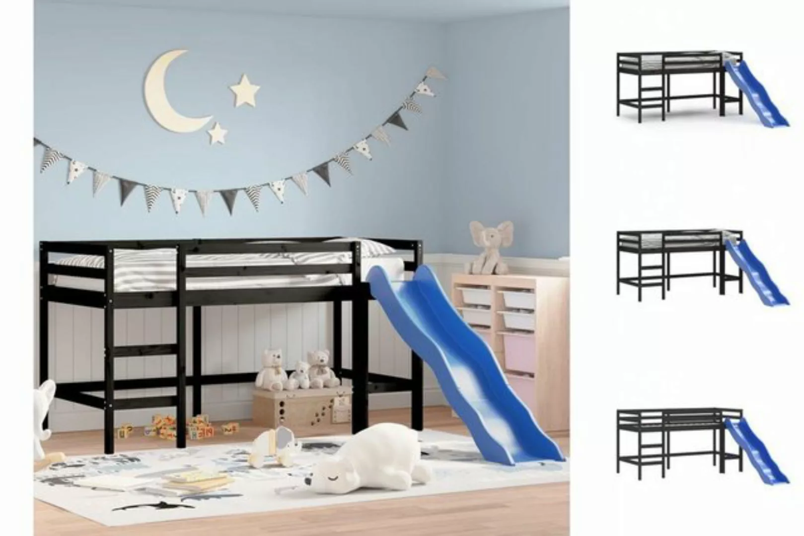 vidaXL Kinderbett Kinderhochbett mit Rutsche Schwarz 90x190 cm Massivholz K günstig online kaufen