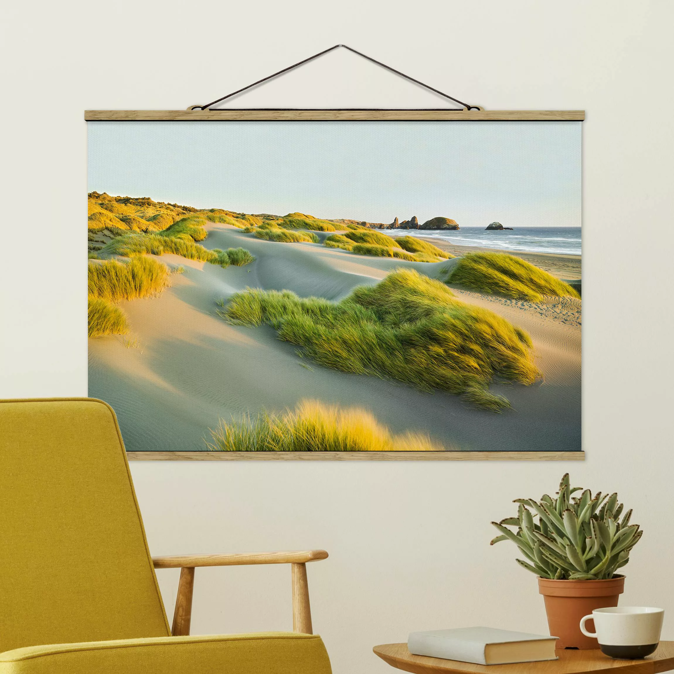 Stoffbild Strand mit Posterleisten - Querformat Dünen und Gräser am Meer günstig online kaufen