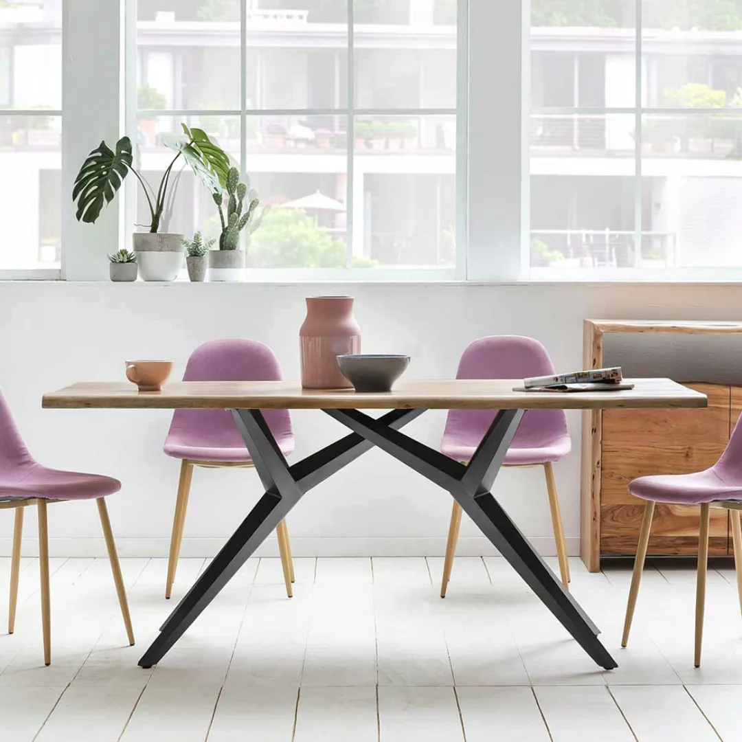 Tisch Massivholz mit Wildeiche Platte Metall Vierfußgestell günstig online kaufen