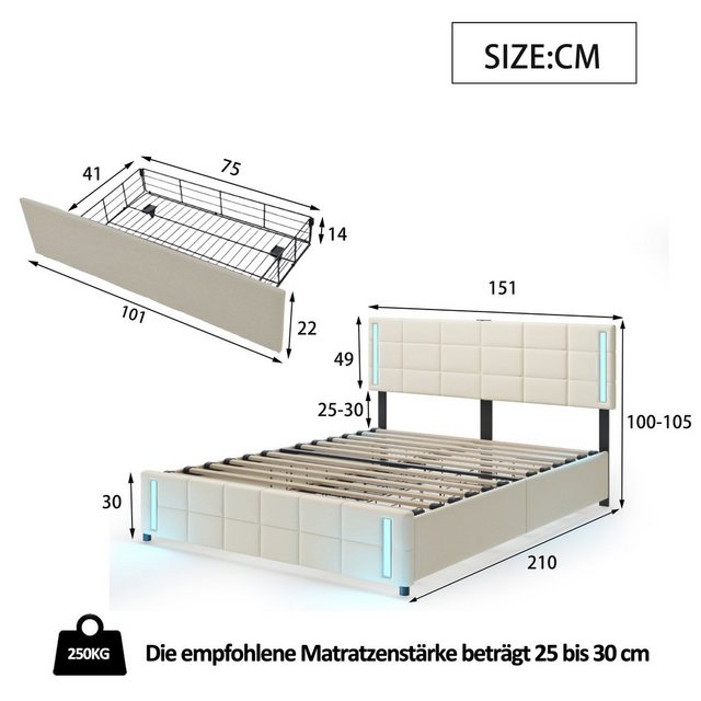 Flieks Polsterbett, LED-Beleuchtung Doppelbett mit 4 Schubladen + 2 USB-Ste günstig online kaufen